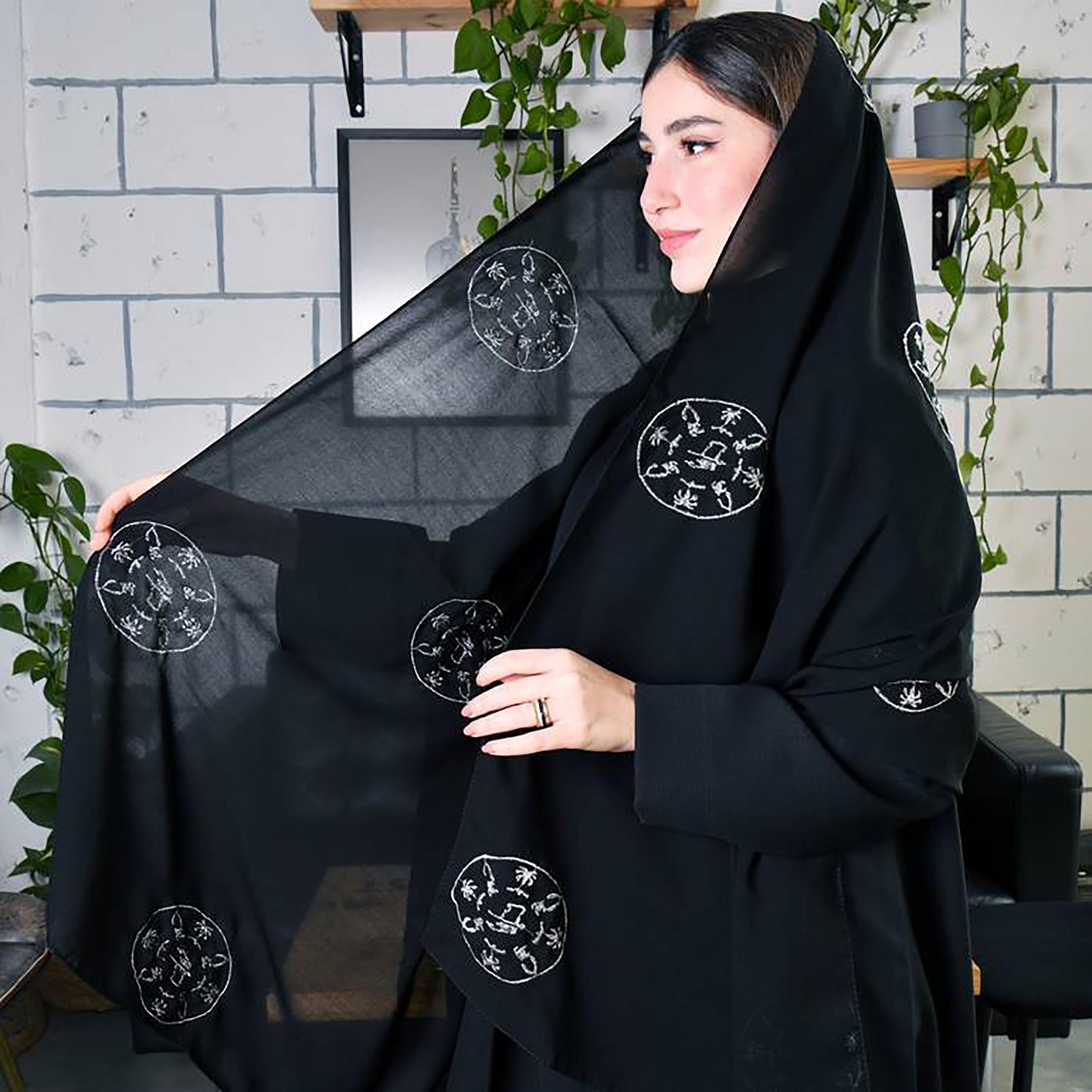 Hawraa Black Embroidered Satin Hijab-women-arabicclothing-headscarf-hijab-image-1