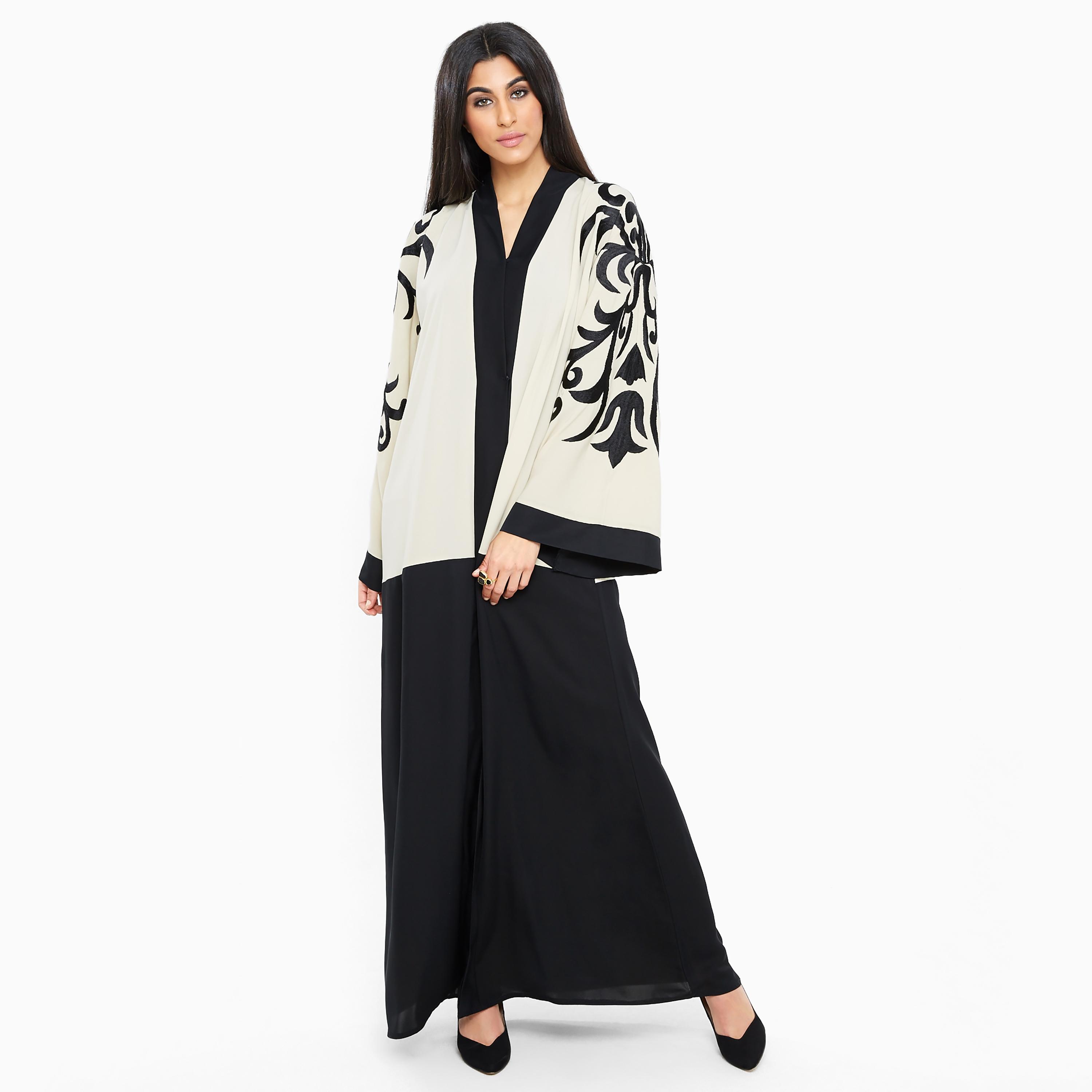 Nukhbaa Multicolor Embroidered and Colour Blocked Wide Sleeves Nida Women's Abaya with Hijab-women-arabicclothing-abayas-image-1