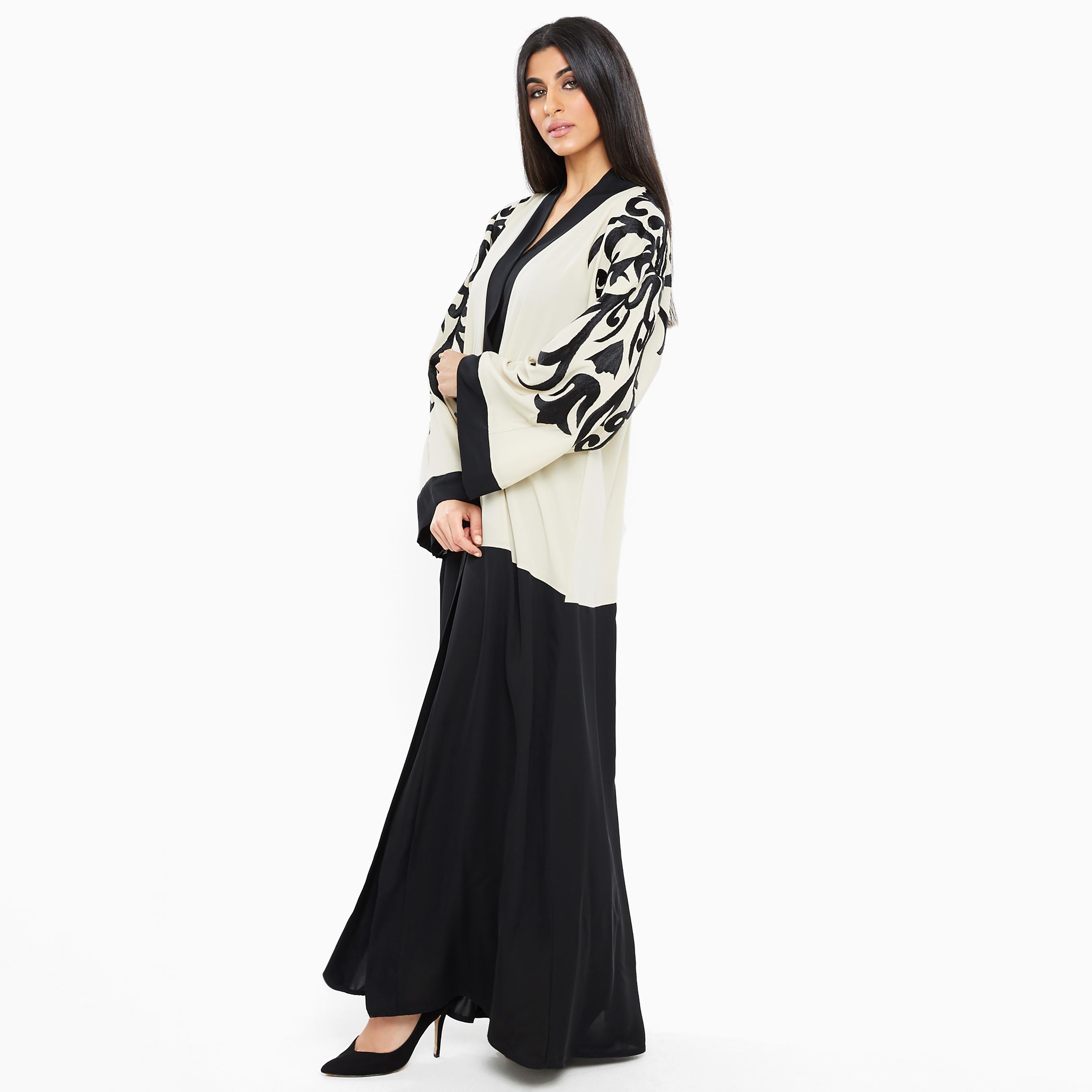 Nukhbaa Multicolor Embroidered and Colour Blocked Wide Sleeves Nida Women's Abaya with Hijab-women-arabicclothing-abayas-image-3