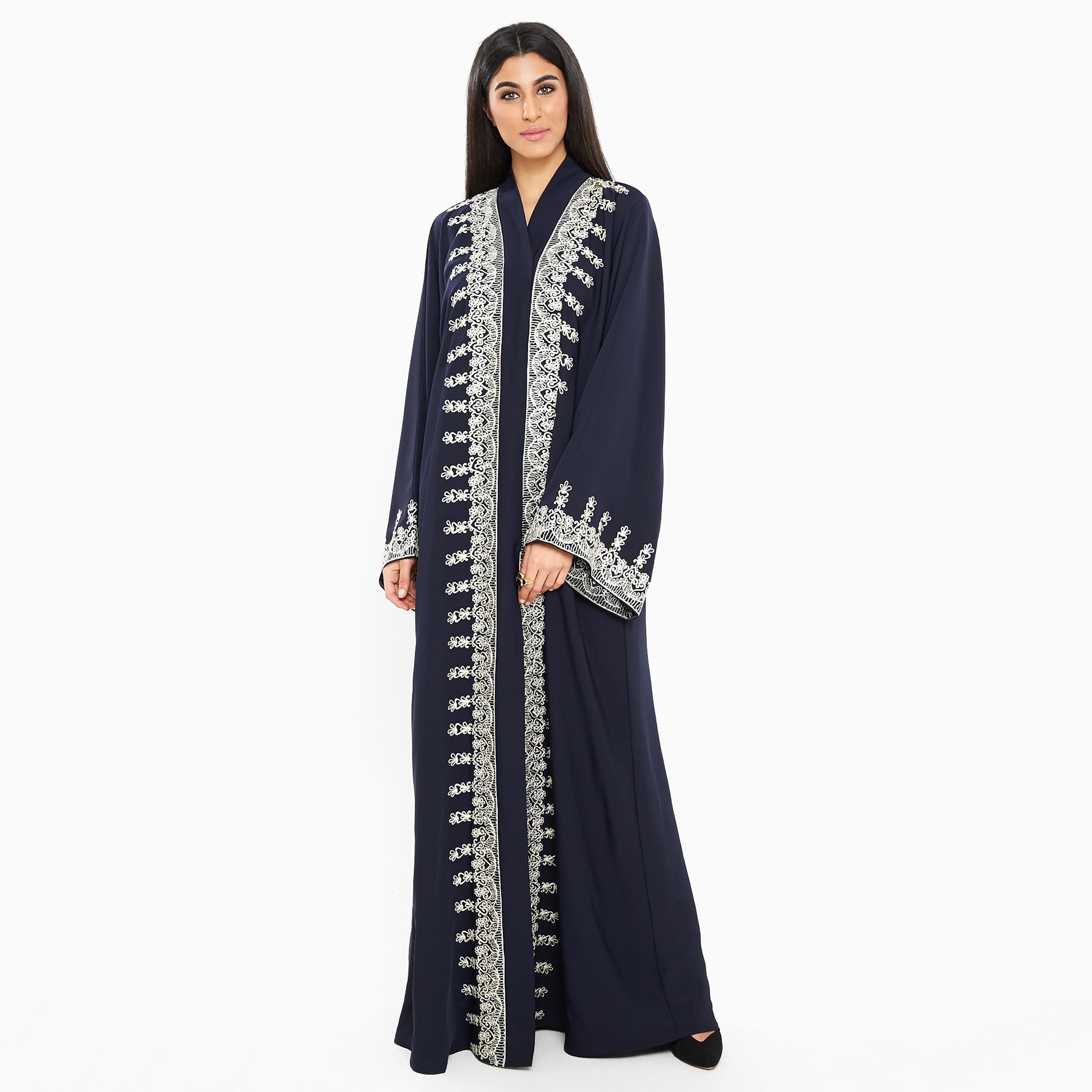 Nukhbaa Blue intricate Embroidered Flared Sleeves Nida Women's Abaya with Hijab-women-arabicclothing-abayas-image-1