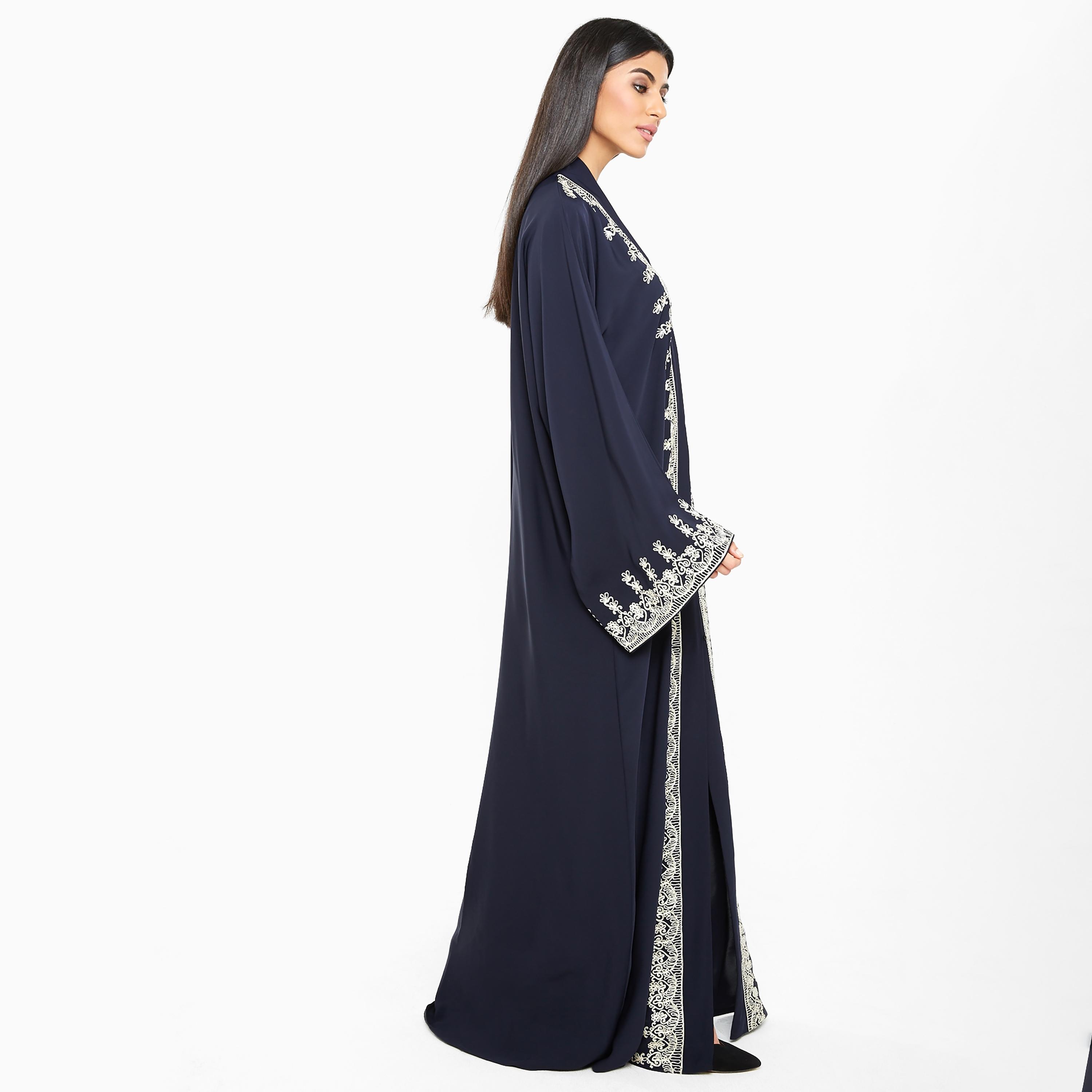 Nukhbaa Blue intricate Embroidered Flared Sleeves Nida Women's Abaya with Hijab-women-arabicclothing-abayas-image-2