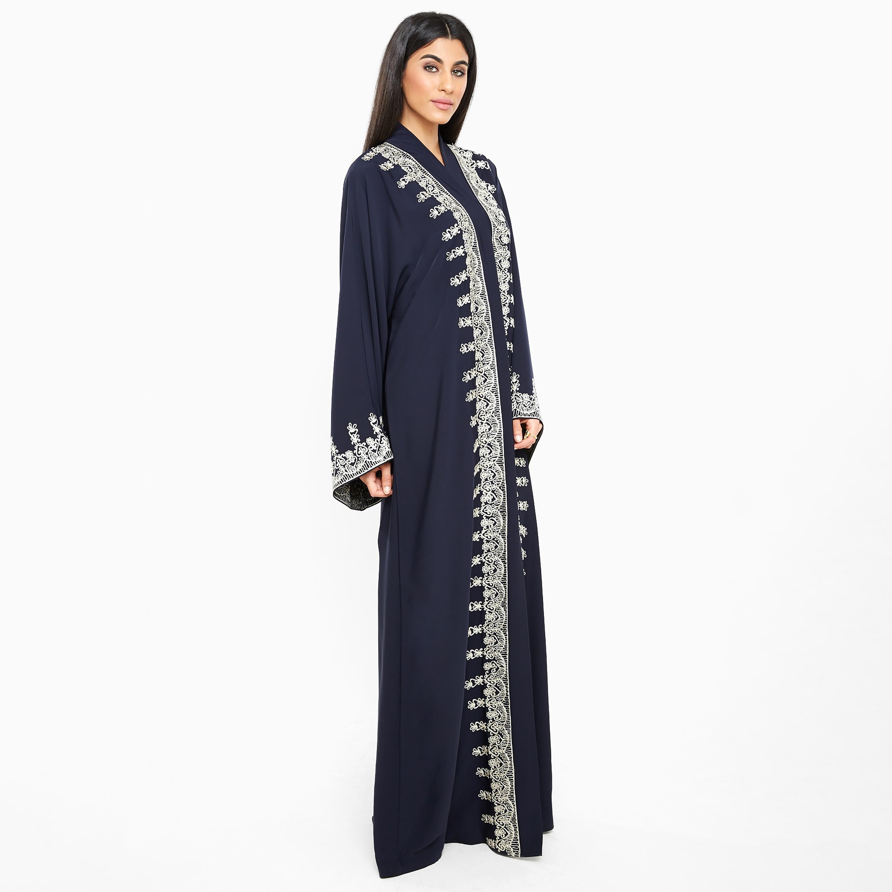 Nukhbaa Blue intricate Embroidered Flared Sleeves Nida Women's Abaya with Hijab-women-arabicclothing-abayas-image-3