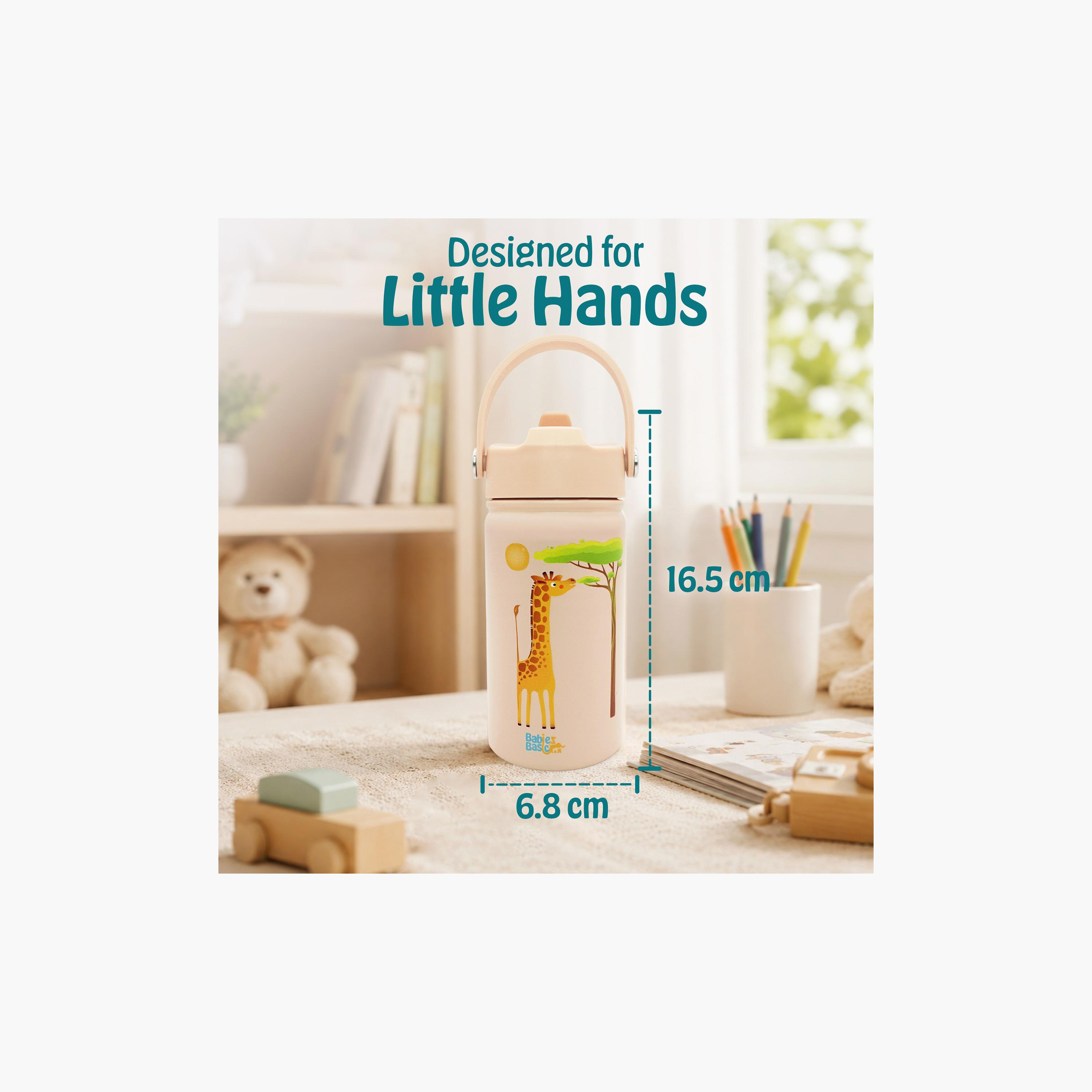 Babies Basic Giraffe Insulated SS Water Bottle with Flip Straw Spout & Straw Cleaner - 400 ml-school-waterbottles-image-2
