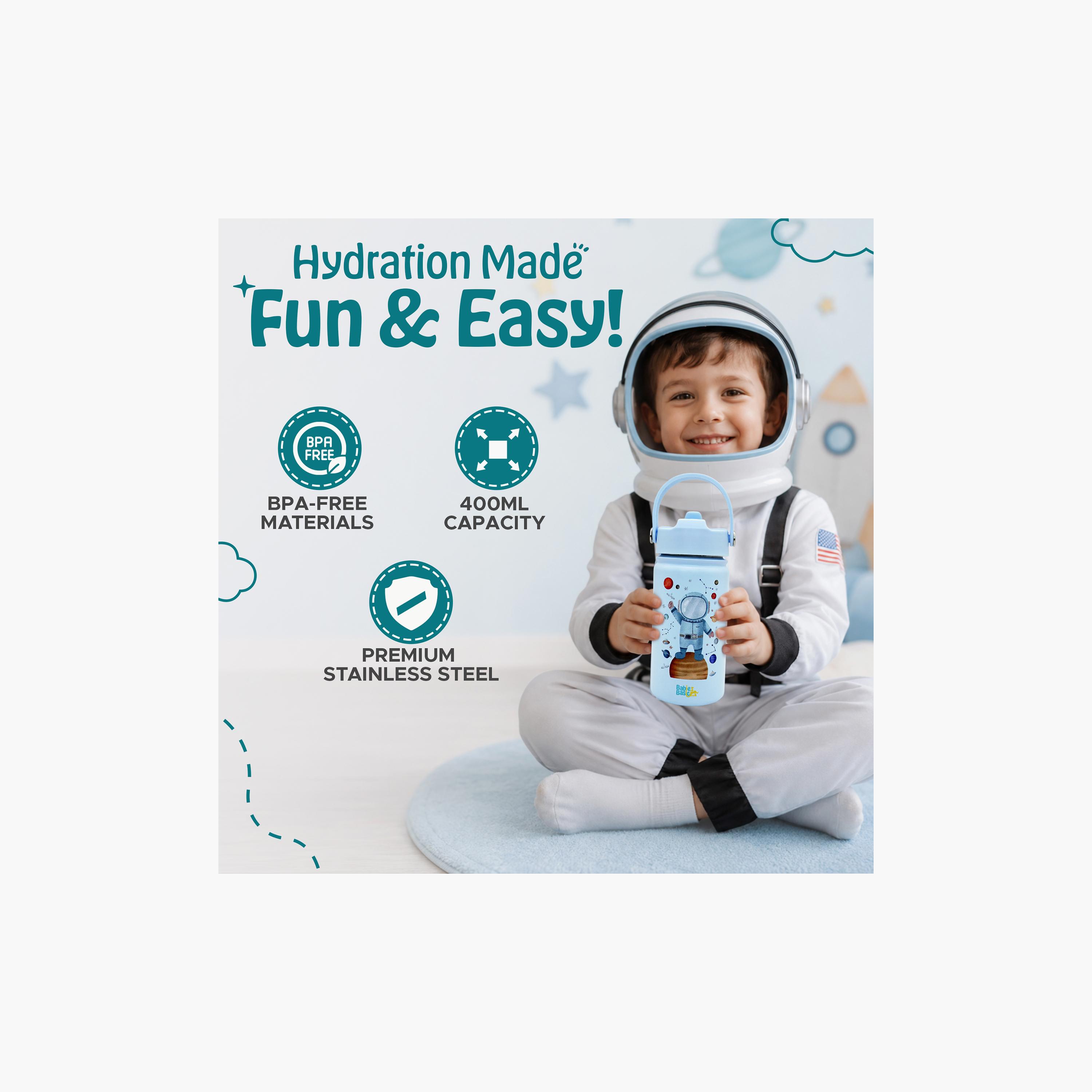 Babies Basic Astronaut Insulated SS Water Bottle with Flip Straw Spout & Straw Cleaner - 400 ml-school-waterbottles-image-3