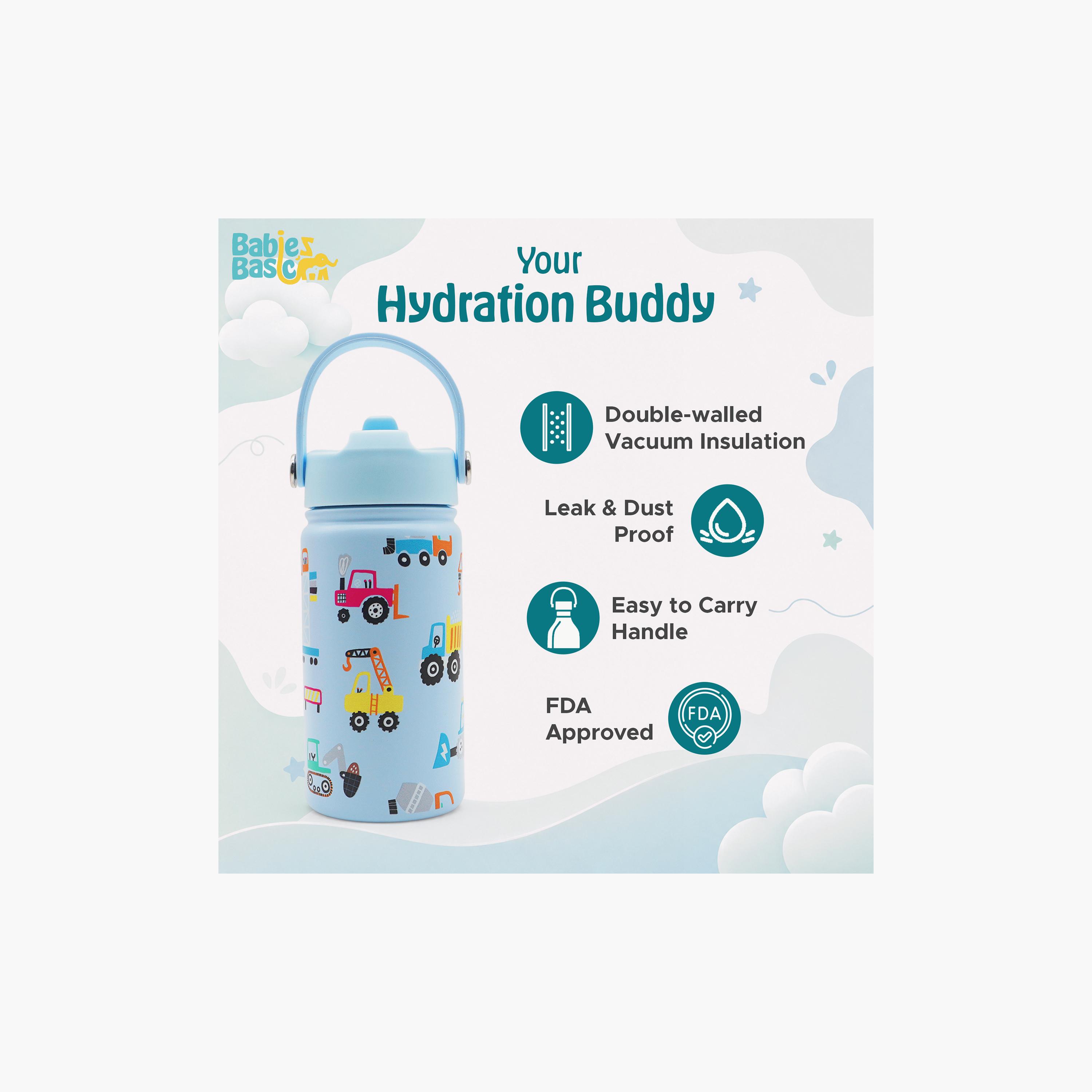 Babies Basic Vehicles Insulated SS Water Bottle with Flip Straw Spout & Straw Cleaner - 400 ml-school-waterbottles-image-5