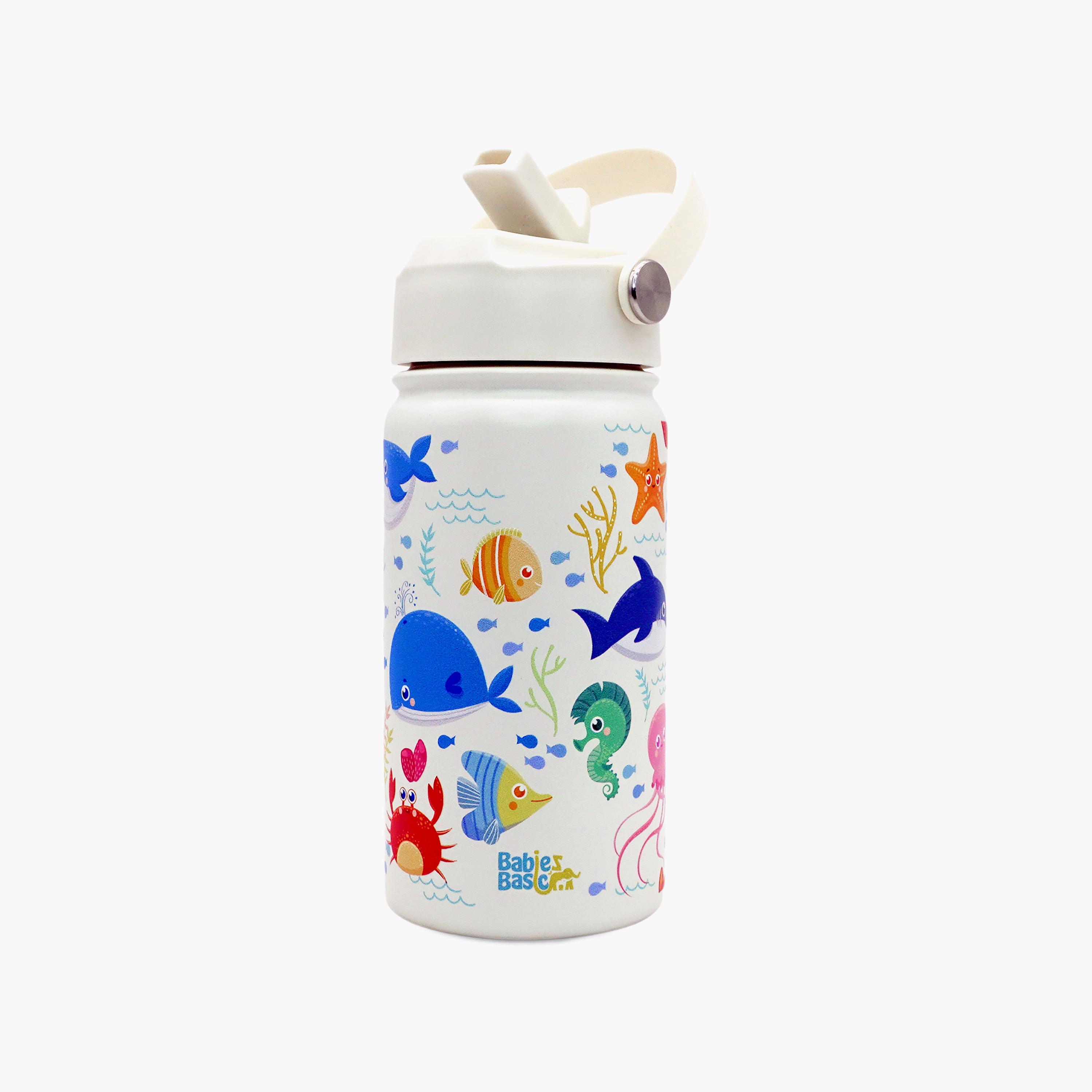 Babies Basic Fish Insulated SS Water Bottle with Flip Straw Spout & Straw Cleaner - 400 ml-school-waterbottles-image-1