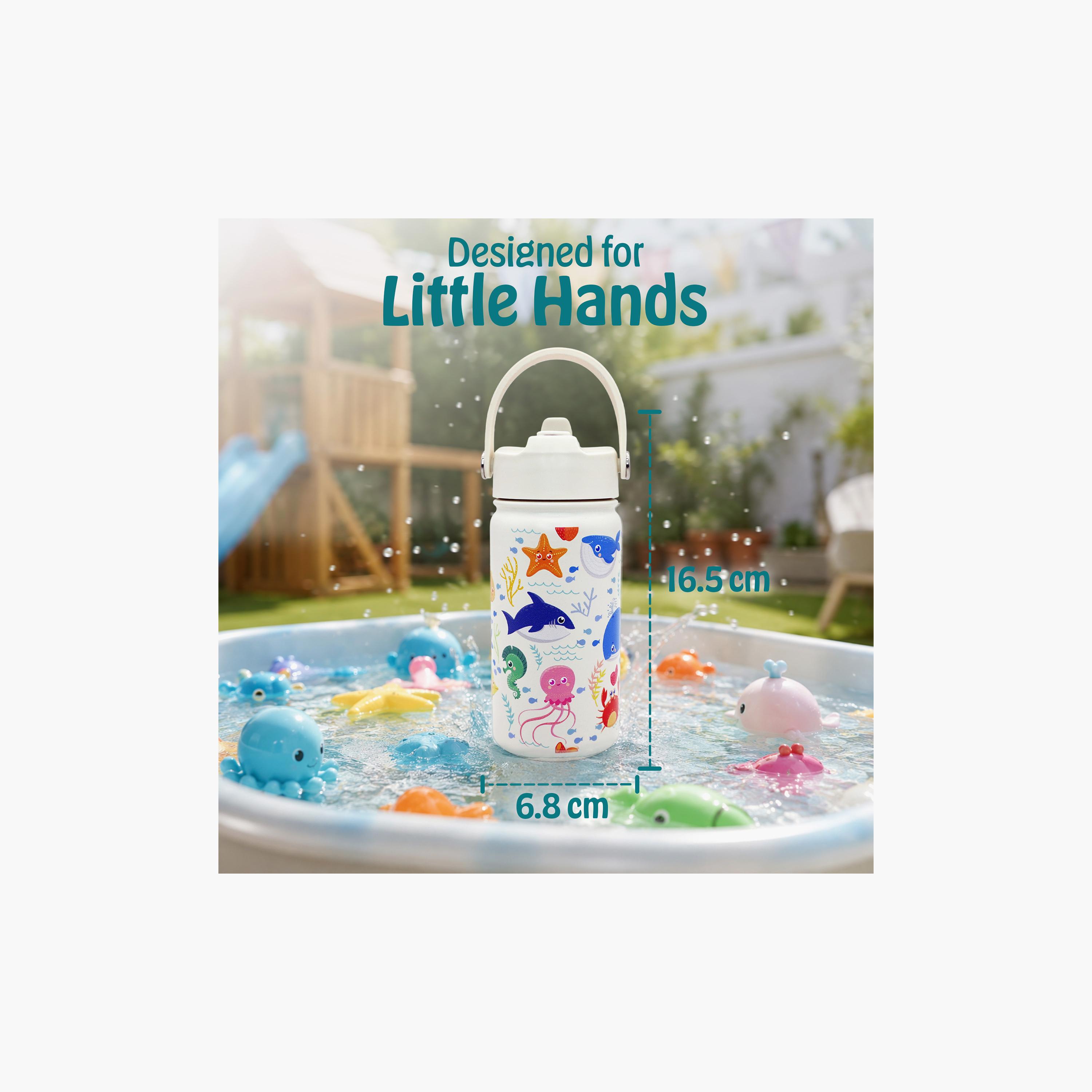 Babies Basic Fish Insulated SS Water Bottle with Flip Straw Spout & Straw Cleaner - 400 ml-school-waterbottles-image-2