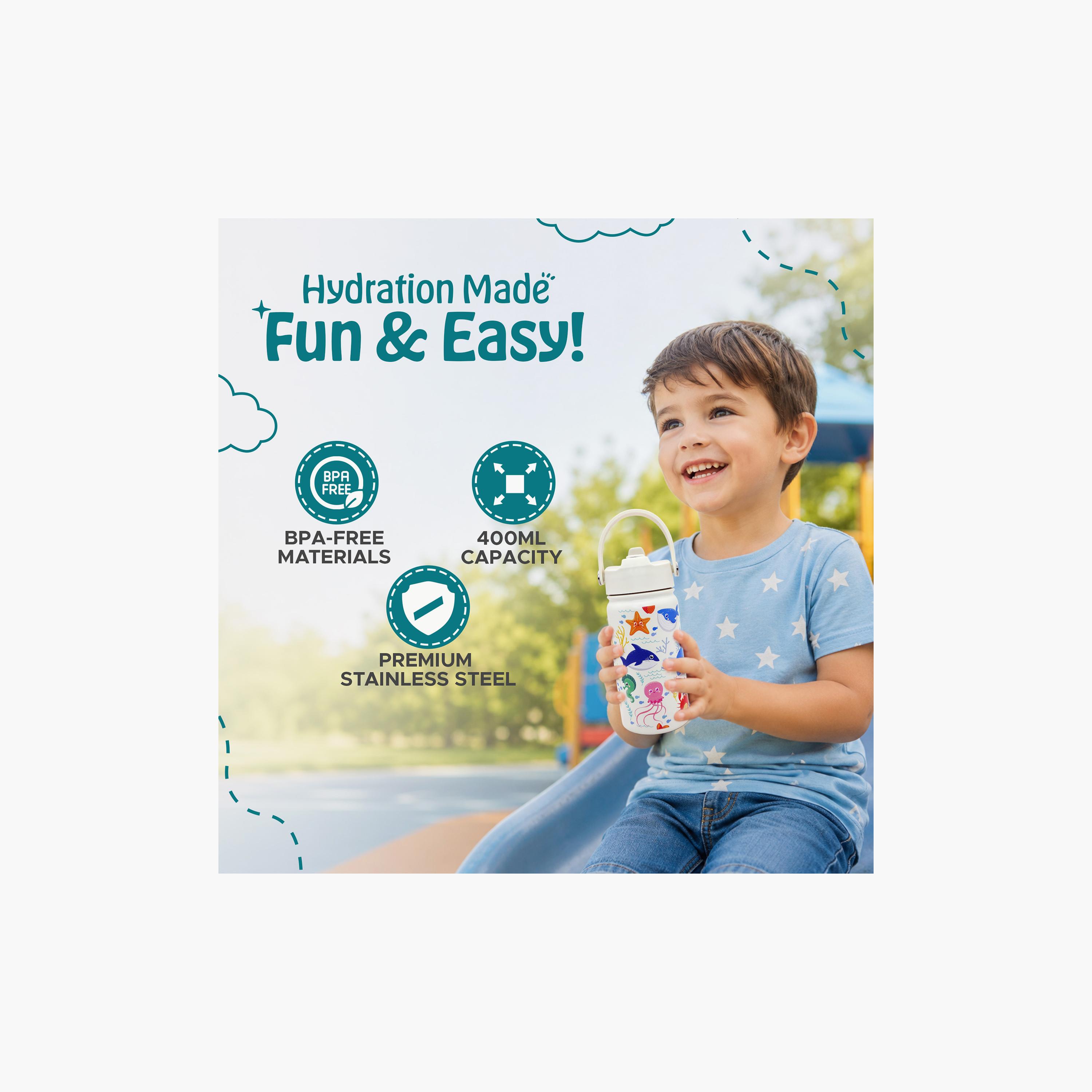 Babies Basic Fish Insulated SS Water Bottle with Flip Straw Spout & Straw Cleaner - 400 ml-school-waterbottles-image-3