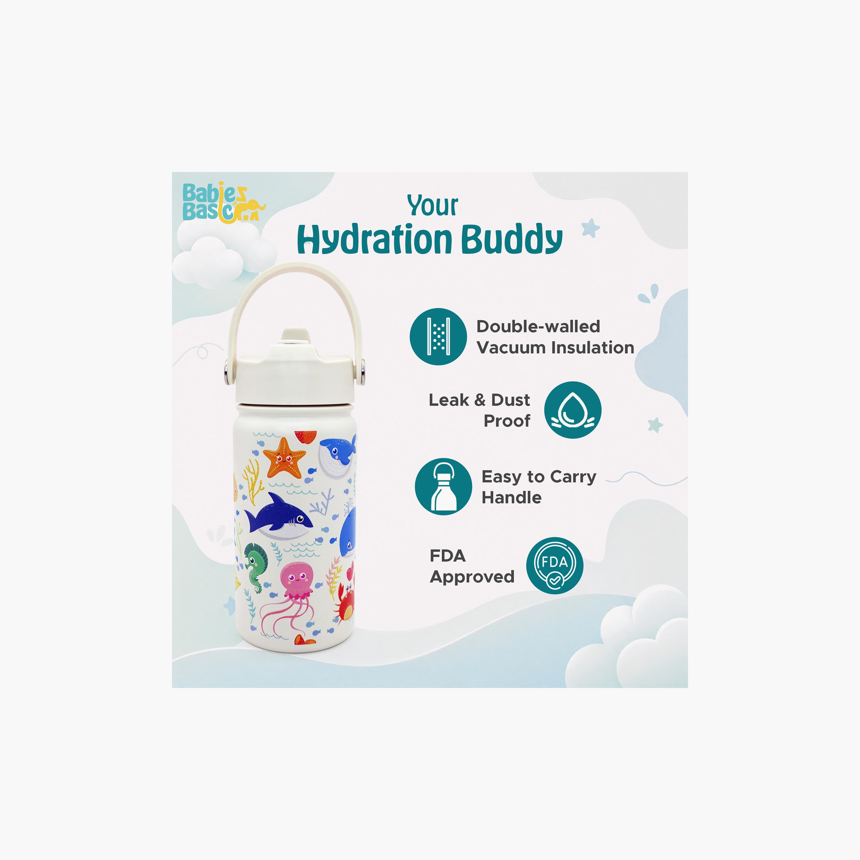 Babies Basic Fish Insulated SS Water Bottle with Flip Straw Spout & Straw Cleaner - 400 ml-school-waterbottles-image-5