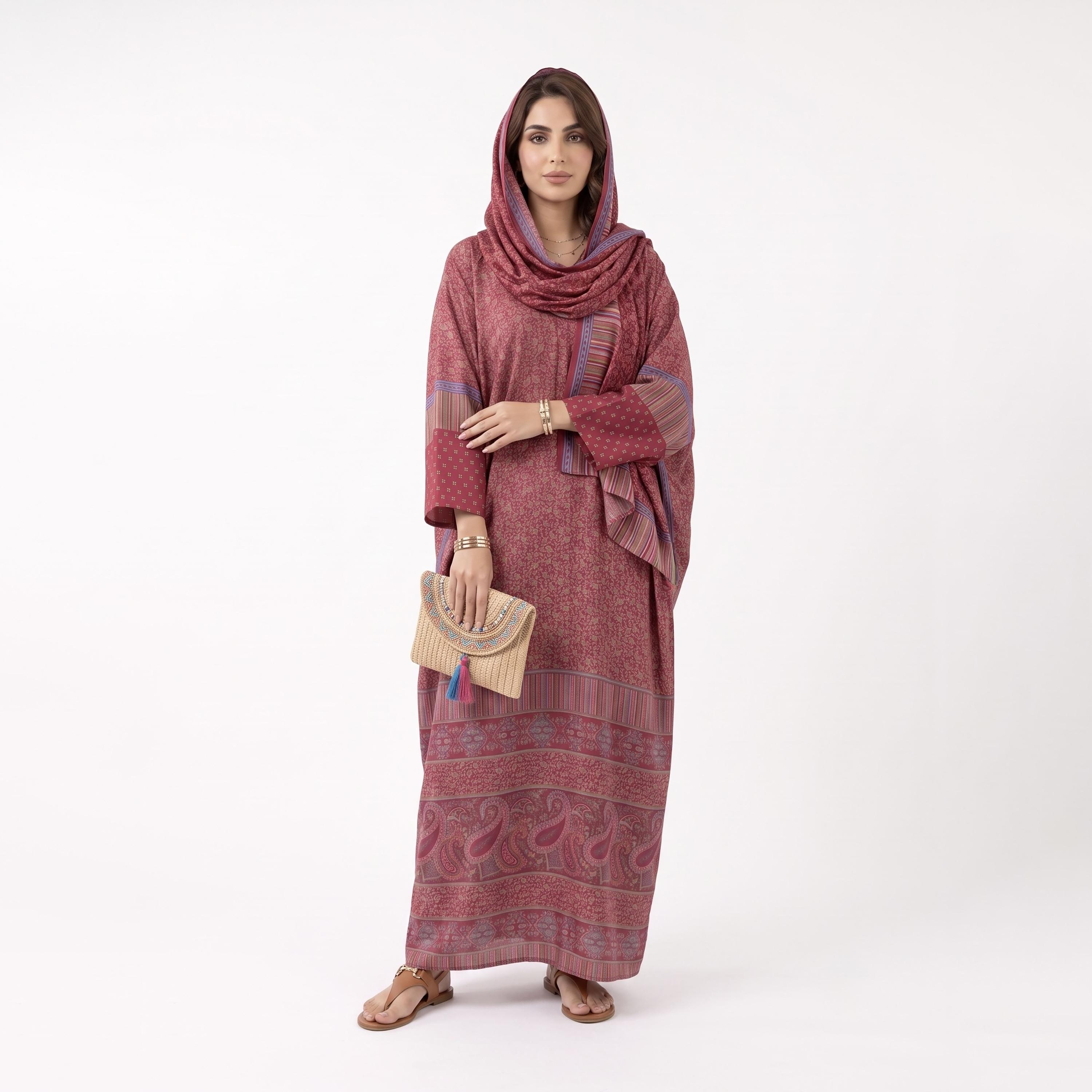 عباية حريمي بطبعة كاملة باللون الأحمر مع حجاب من حديث المدينة-women-arabicclothing-abayas-image-1