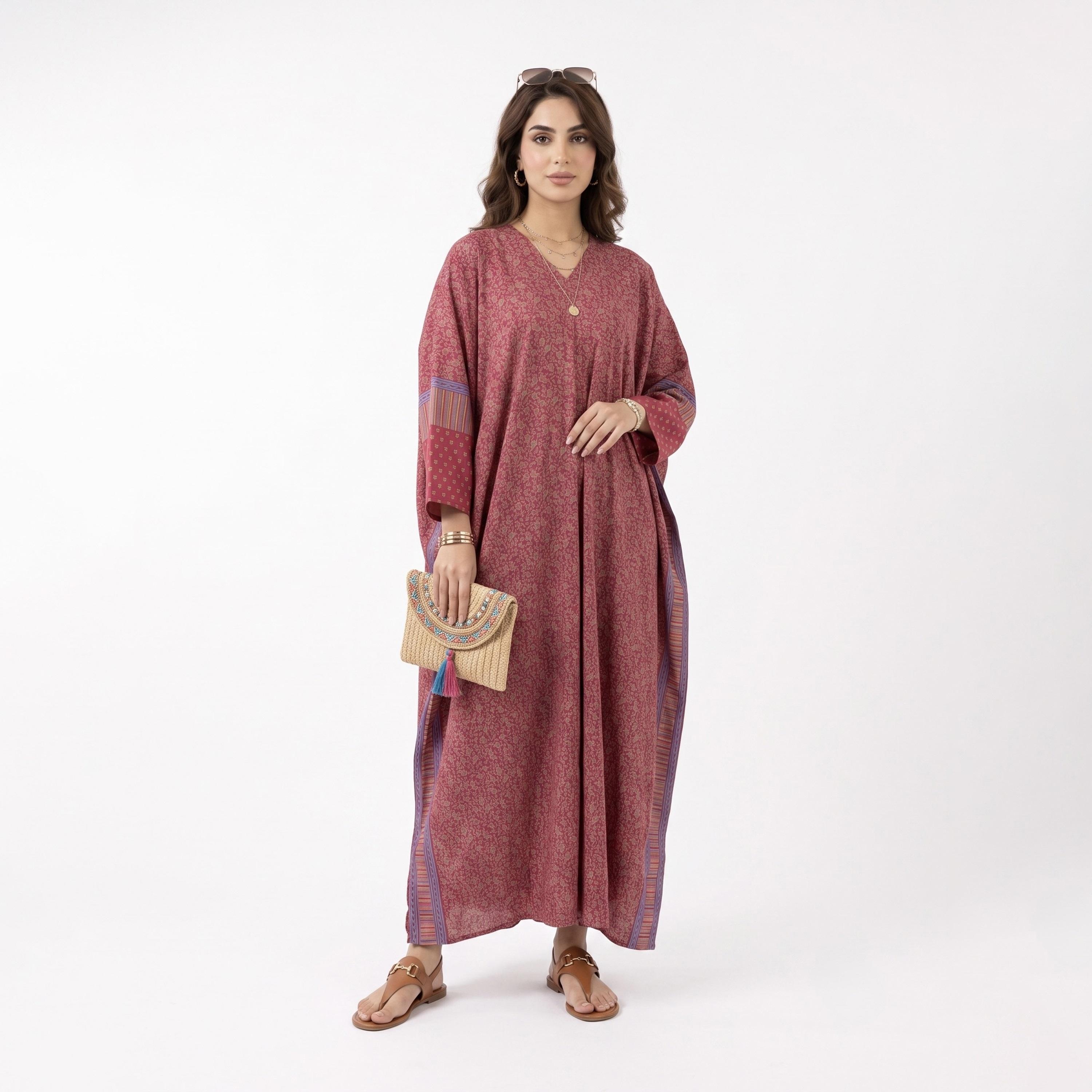 عباية حريمي بطبعة كاملة باللون الأحمر مع حجاب من حديث المدينة-women-arabicclothing-abayas-image-2