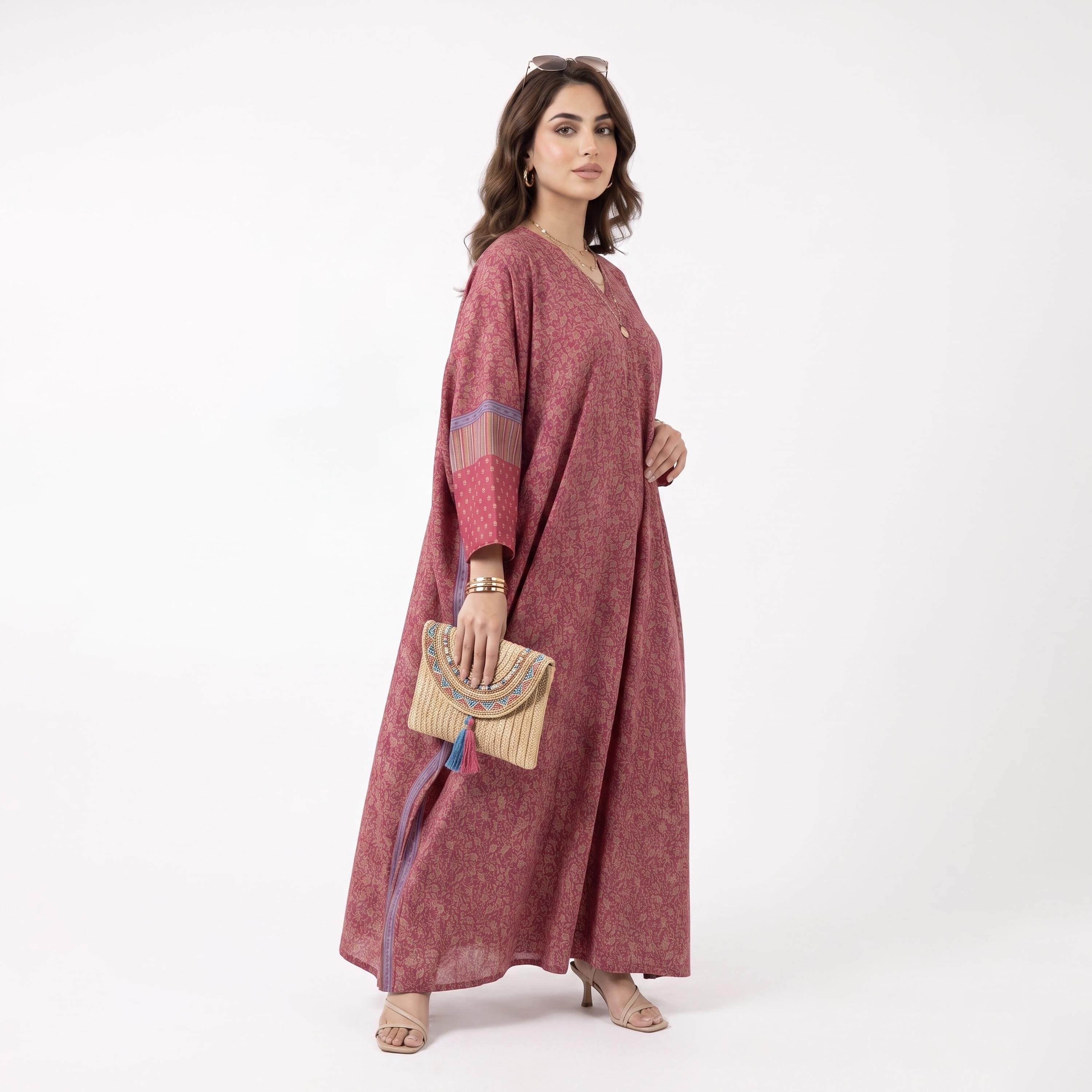 عباية حريمي بطبعة كاملة باللون الأحمر مع حجاب من حديث المدينة-women-arabicclothing-abayas-image-3