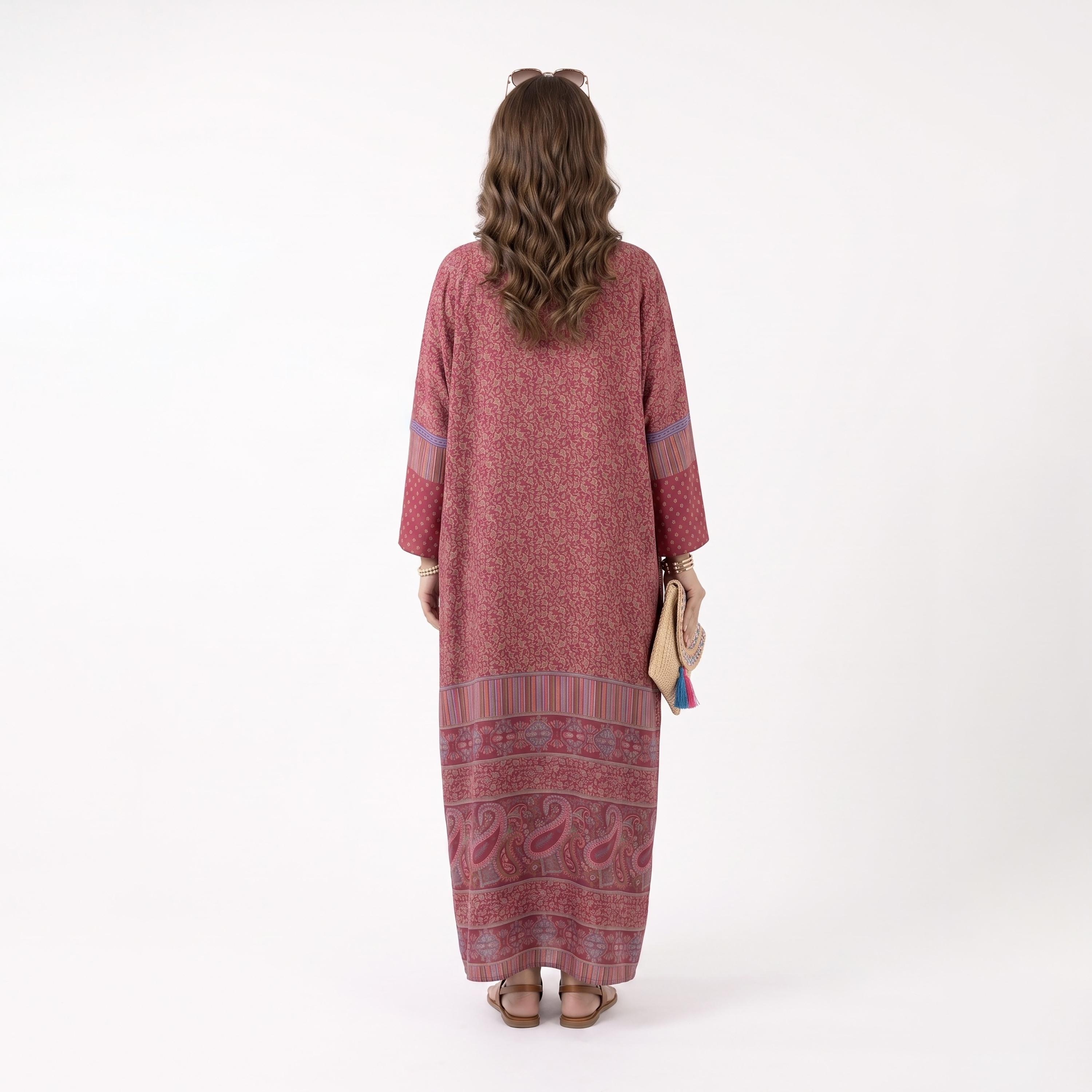 عباية حريمي بطبعة كاملة باللون الأحمر مع حجاب من حديث المدينة-women-arabicclothing-abayas-image-4