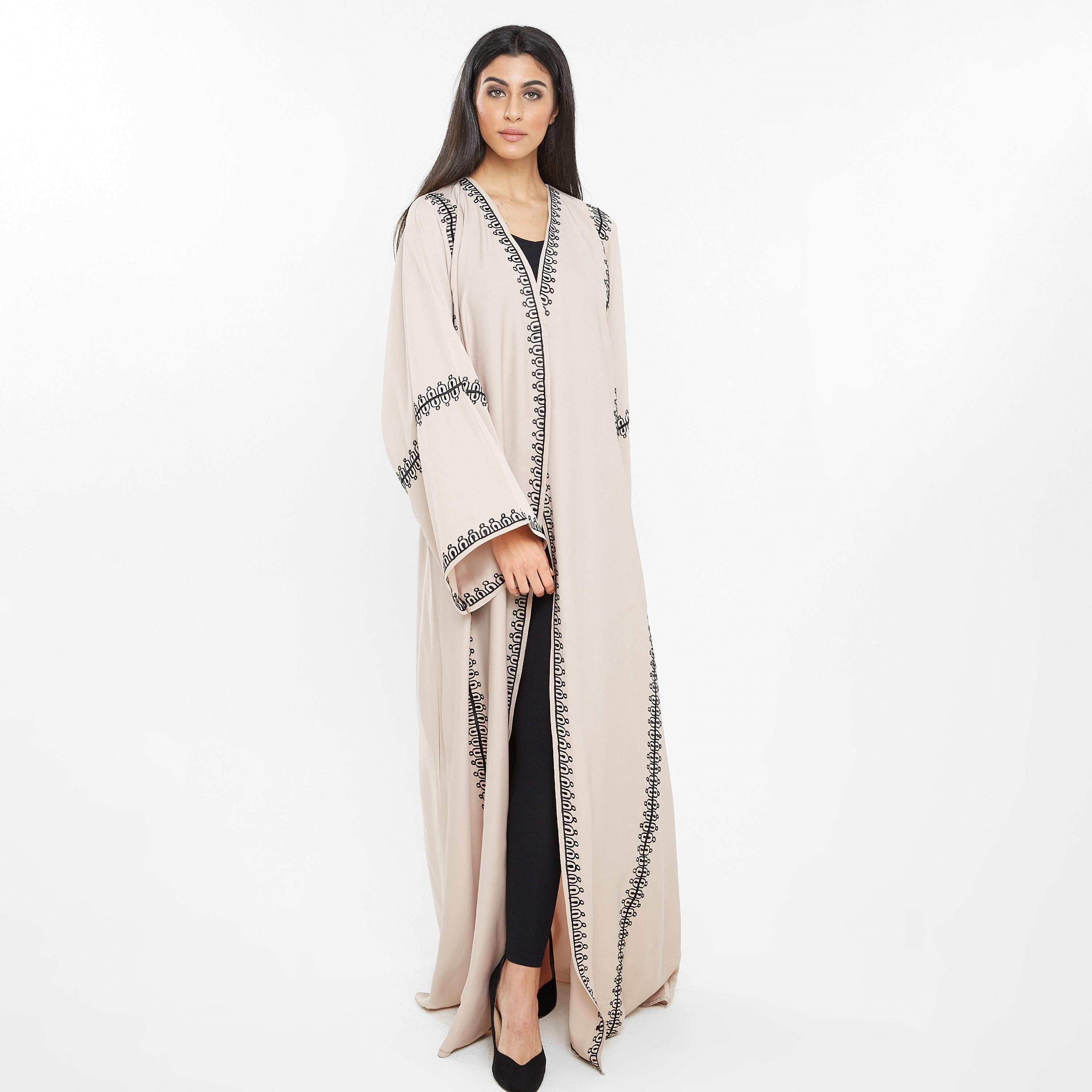 Nukhbaa Beige Embroidered Flared Sleeves Crepe Nida Women's Abaya-women-arabicclothing-abayas-image-1