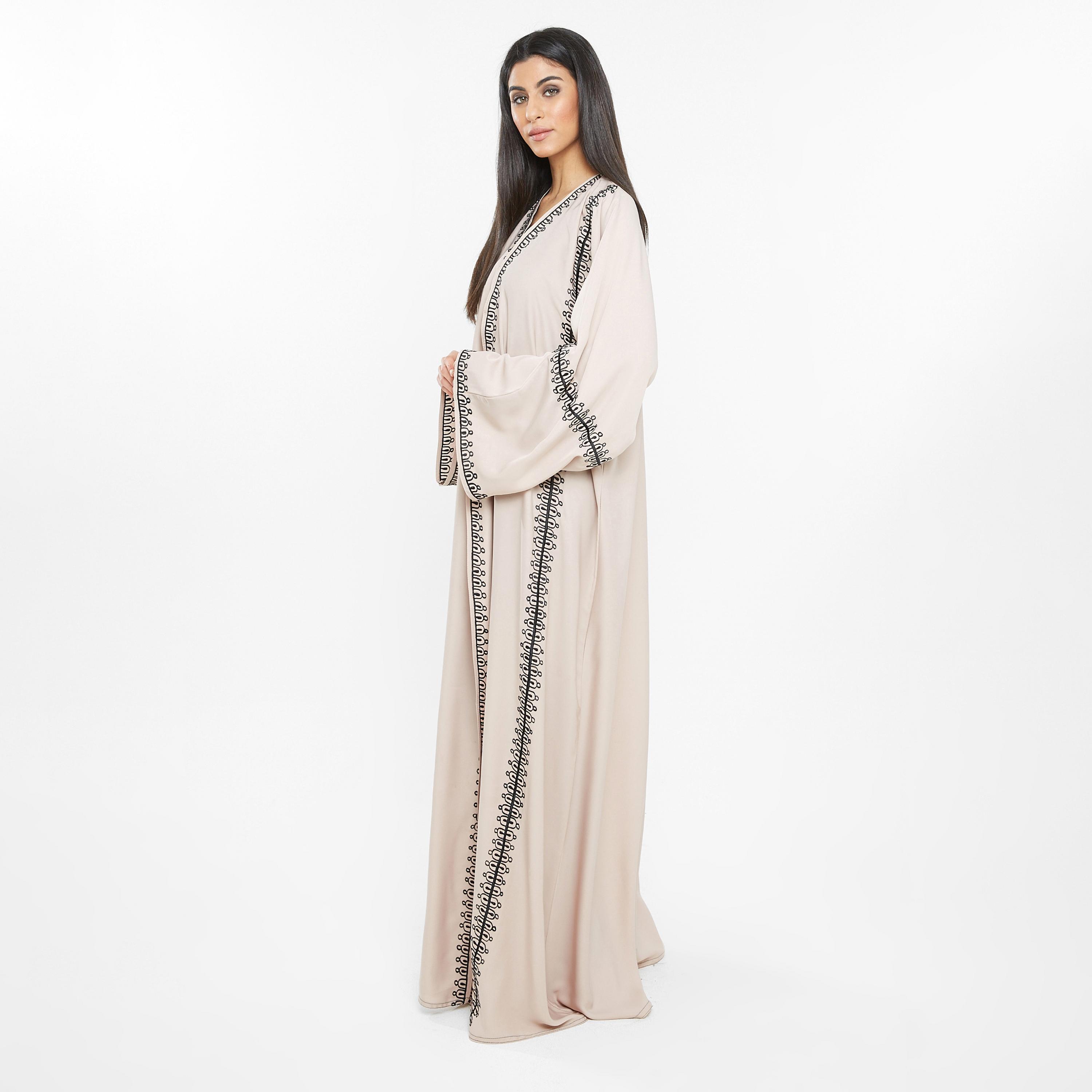 Nukhbaa Beige Embroidered Flared Sleeves Crepe Nida Women's Abaya-women-arabicclothing-abayas-image-2