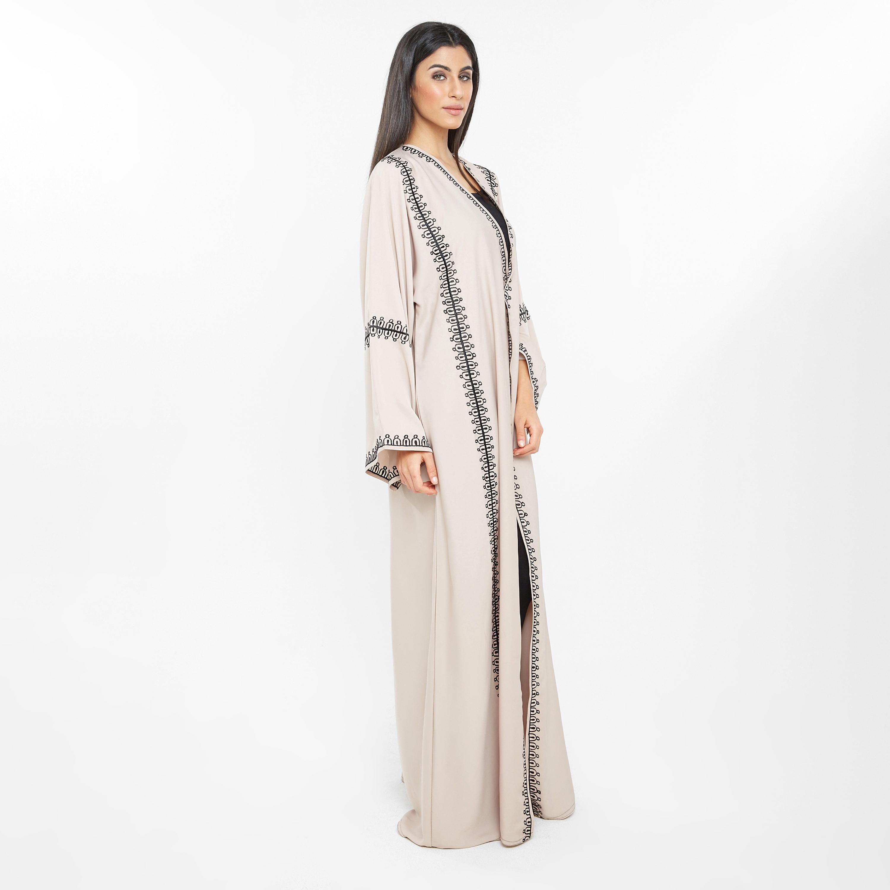 Nukhbaa Beige Embroidered Flared Sleeves Crepe Nida Women's Abaya-women-arabicclothing-abayas-image-3