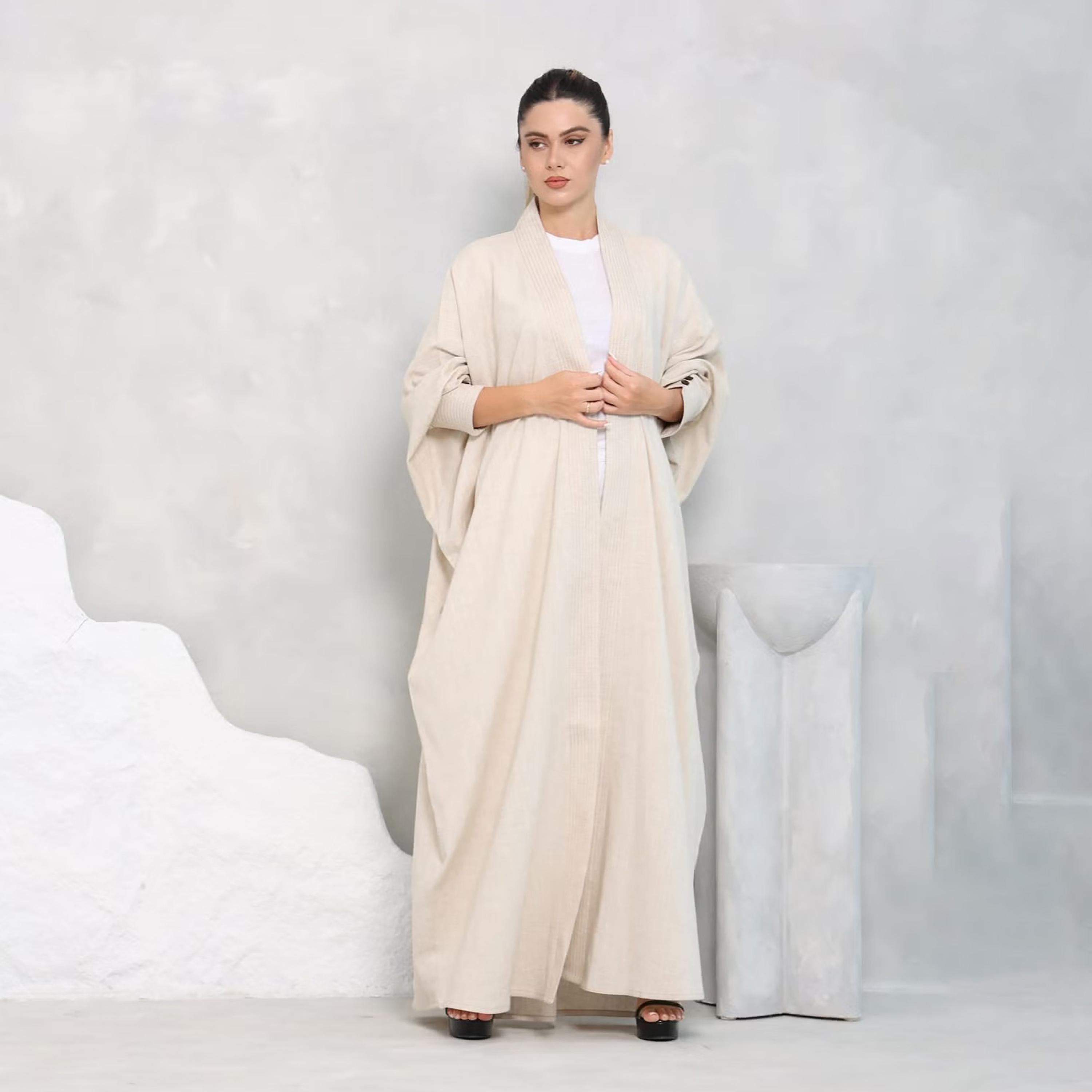 Nikias Ivory Tonal Stitch Detail Batwing Sleeves Linen Women's Abaya-women-arabicclothing-abayas-image-1