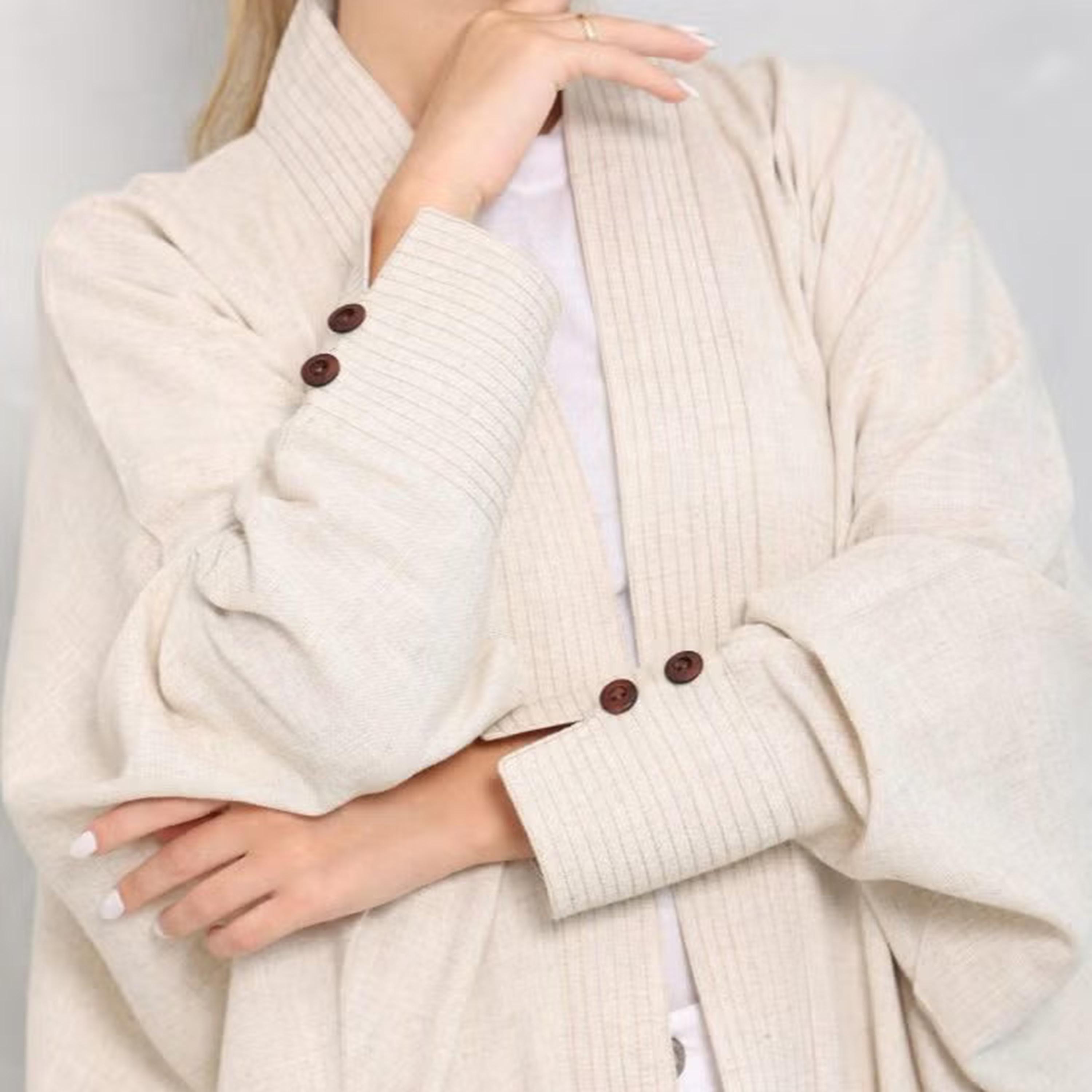 Nikias Ivory Tonal Stitch Detail Batwing Sleeves Linen Women's Abaya-women-arabicclothing-abayas-image-2