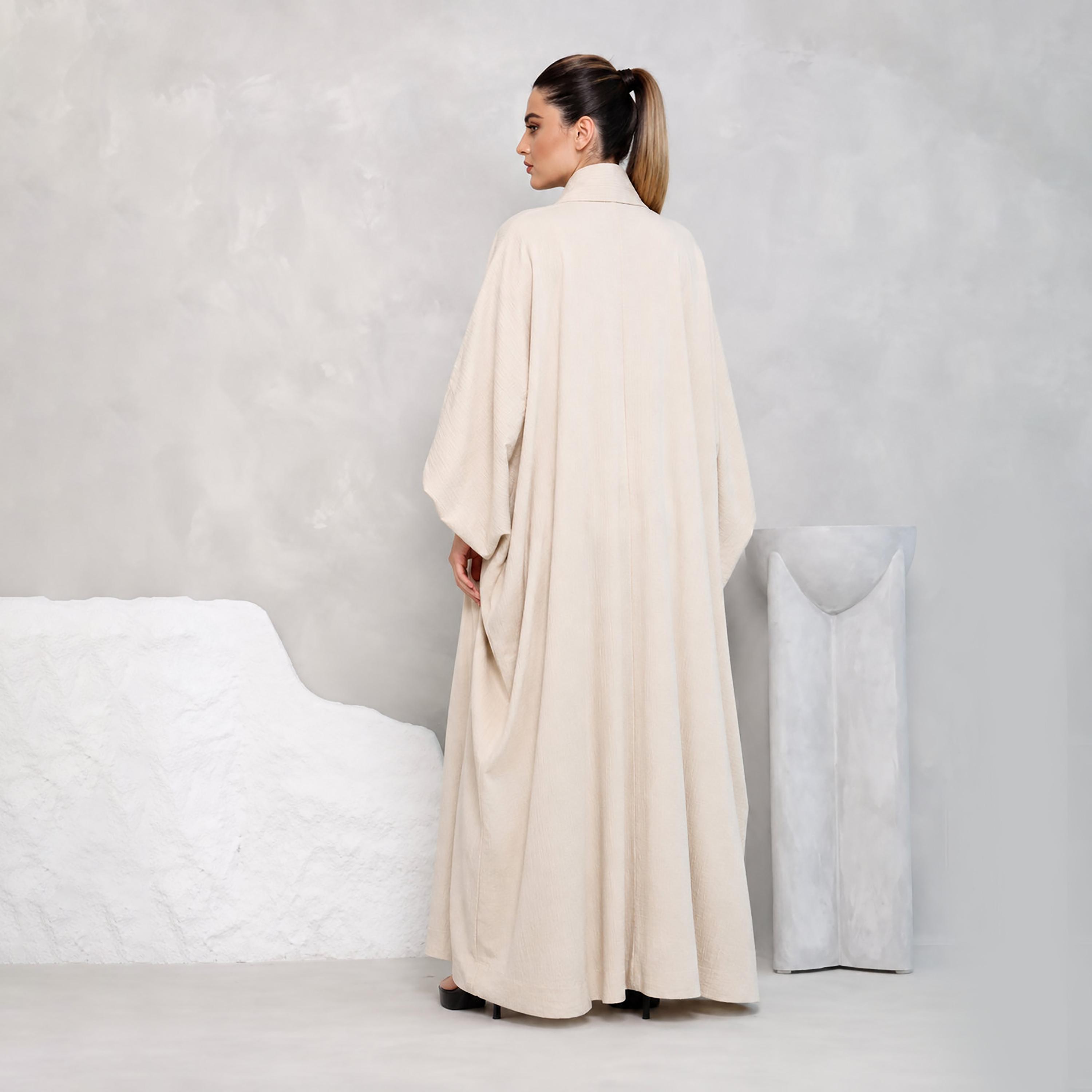 Nikias Ivory Tonal Stitch Detail Batwing Sleeves Linen Women's Abaya-women-arabicclothing-abayas-image-3