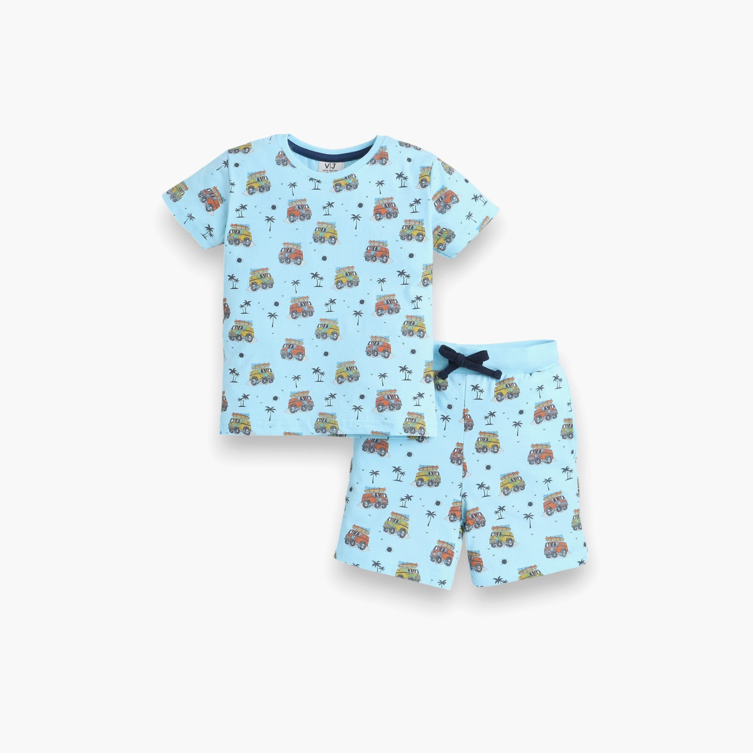 تي شيرت مطبوع بأكمام قصيرة مكون من قطعتين مع شورت من فيكتور اند جين-boys-clothing-nightwear-image-1