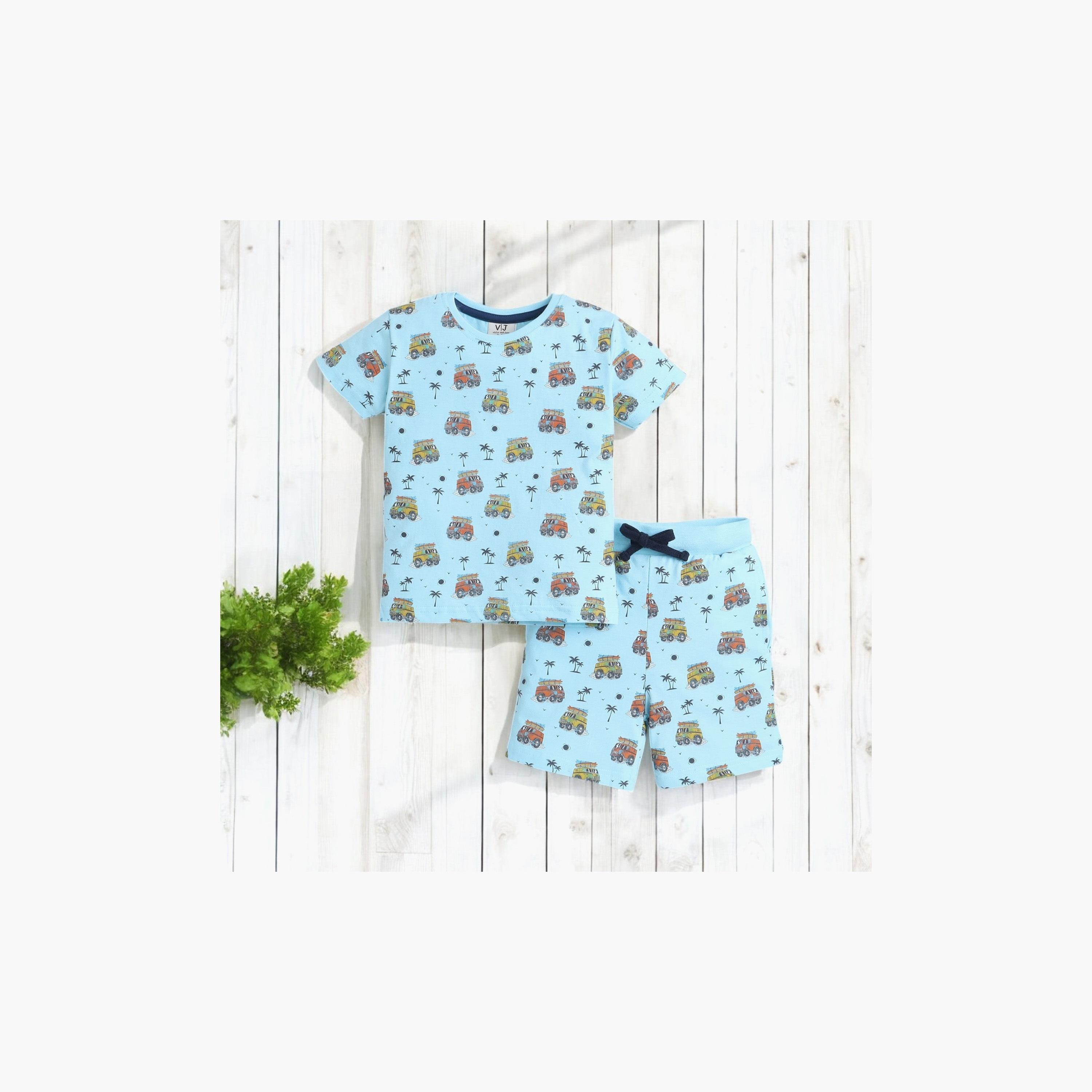 تي شيرت مطبوع بأكمام قصيرة مكون من قطعتين مع شورت من فيكتور اند جين-boys-clothing-nightwear-image-4