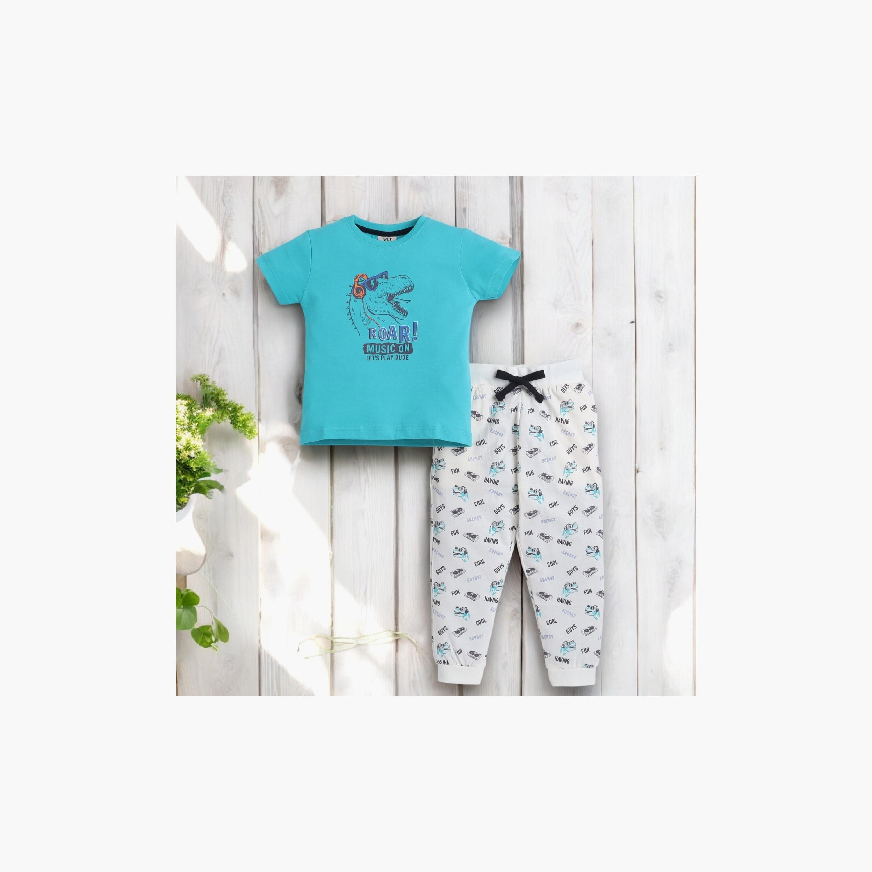 تي شيرت مطبوع بأكمام قصيرة مكون من قطعتين مع بنطال رياضي من فيكتور اند جين-boys-clothing-nightwear-image-5