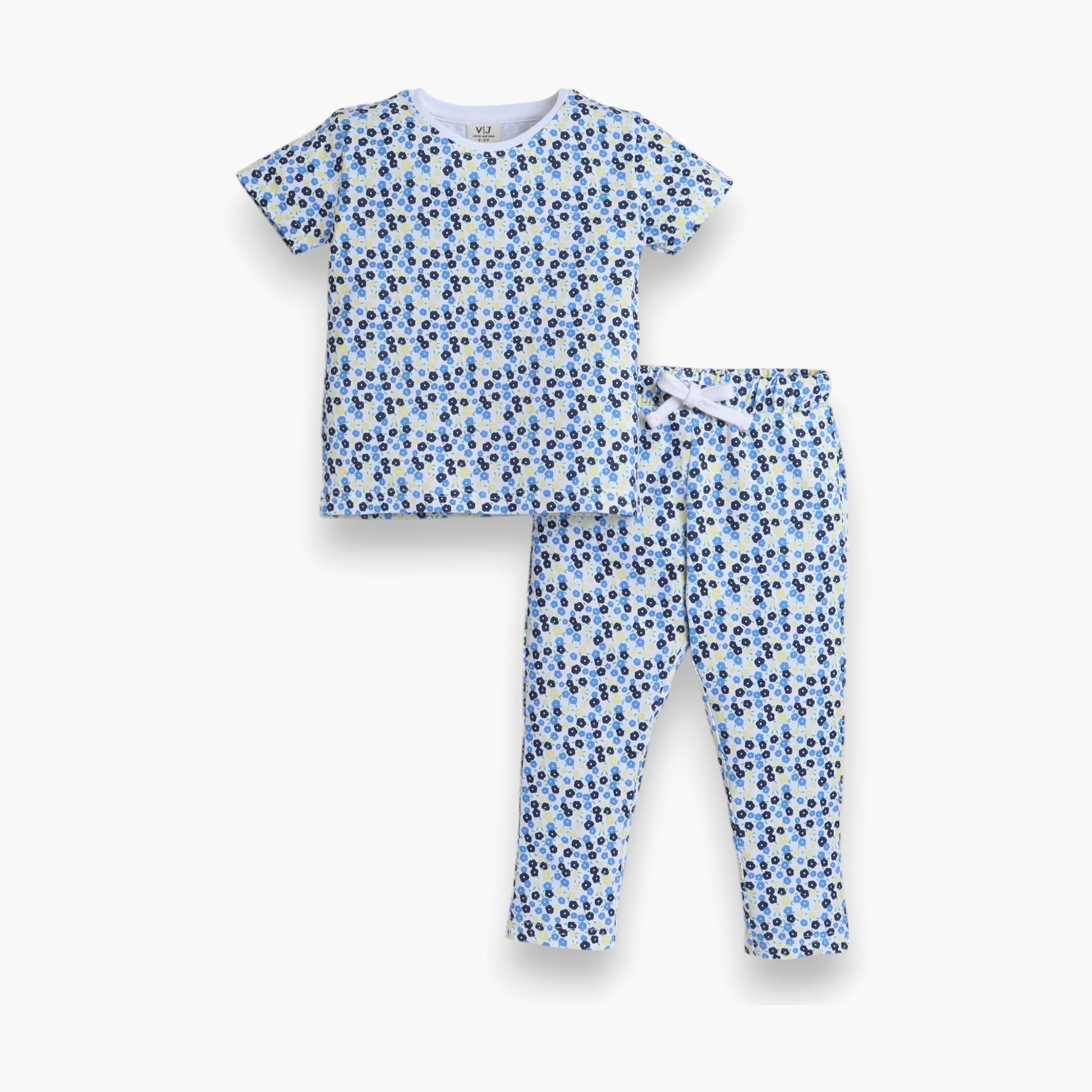 Victor and Jane 2-Piece Floral Printed Short Sleeves T-Shirt with Joggers-baby-girls-clothing-nightwear-pyjamasets-image-1