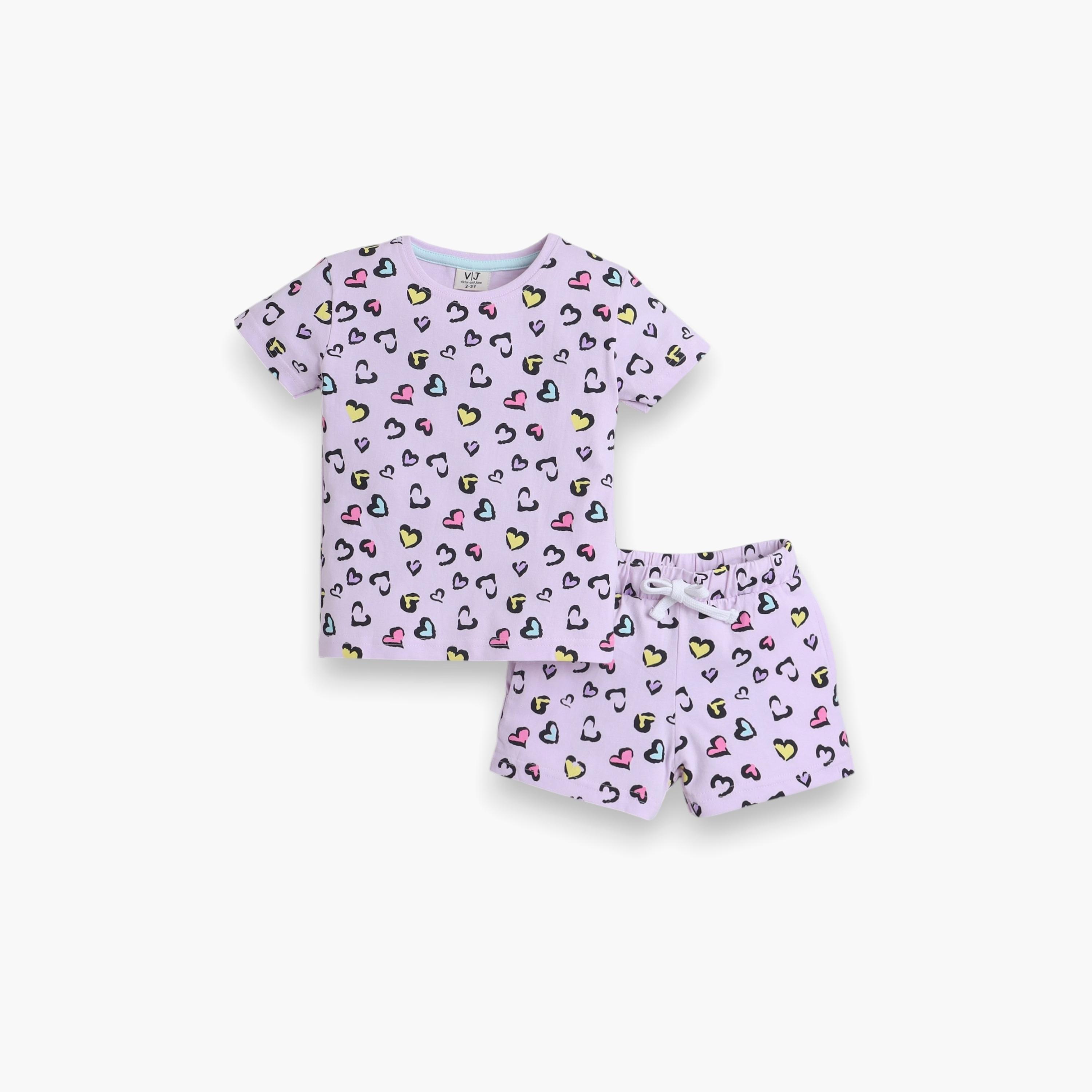 تي شيرت مطبوع بأكمام قصيرة مكون من قطعتين مع شورت من فيكتور اند جين-girls-clothing-nightwear-image-1