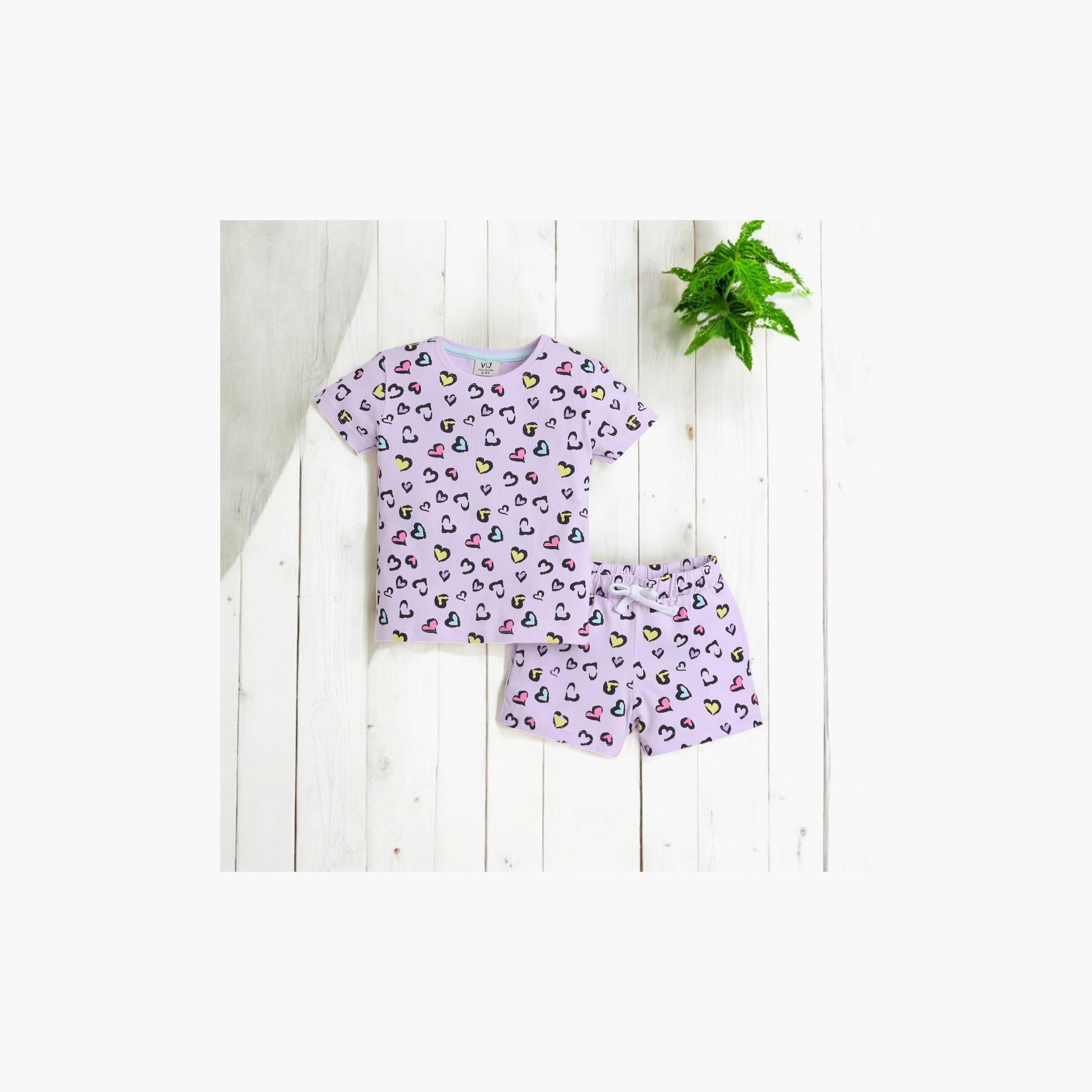 تي شيرت مطبوع بأكمام قصيرة مكون من قطعتين مع شورت من فيكتور اند جين-girls-clothing-nightwear-image-5