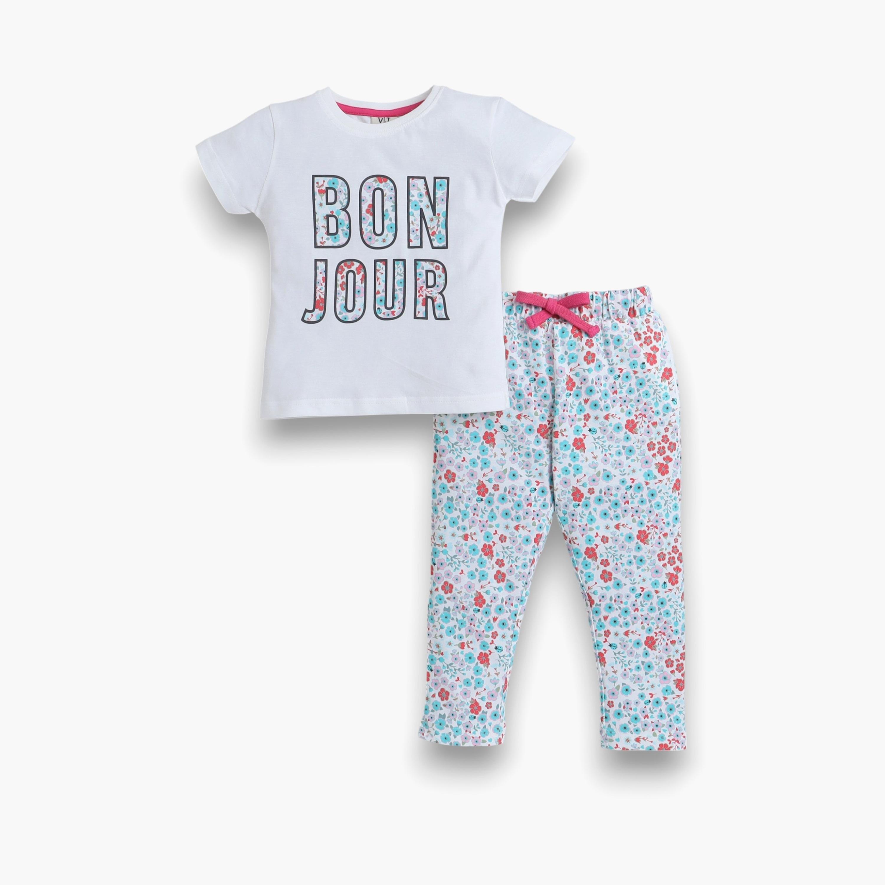 تي شيرت بأكمام قصيرة مطبوع عليه أزهار قطعتين مع بنطال رياضي من فيكتور اند جين-girls-clothing-nightwear-image-1