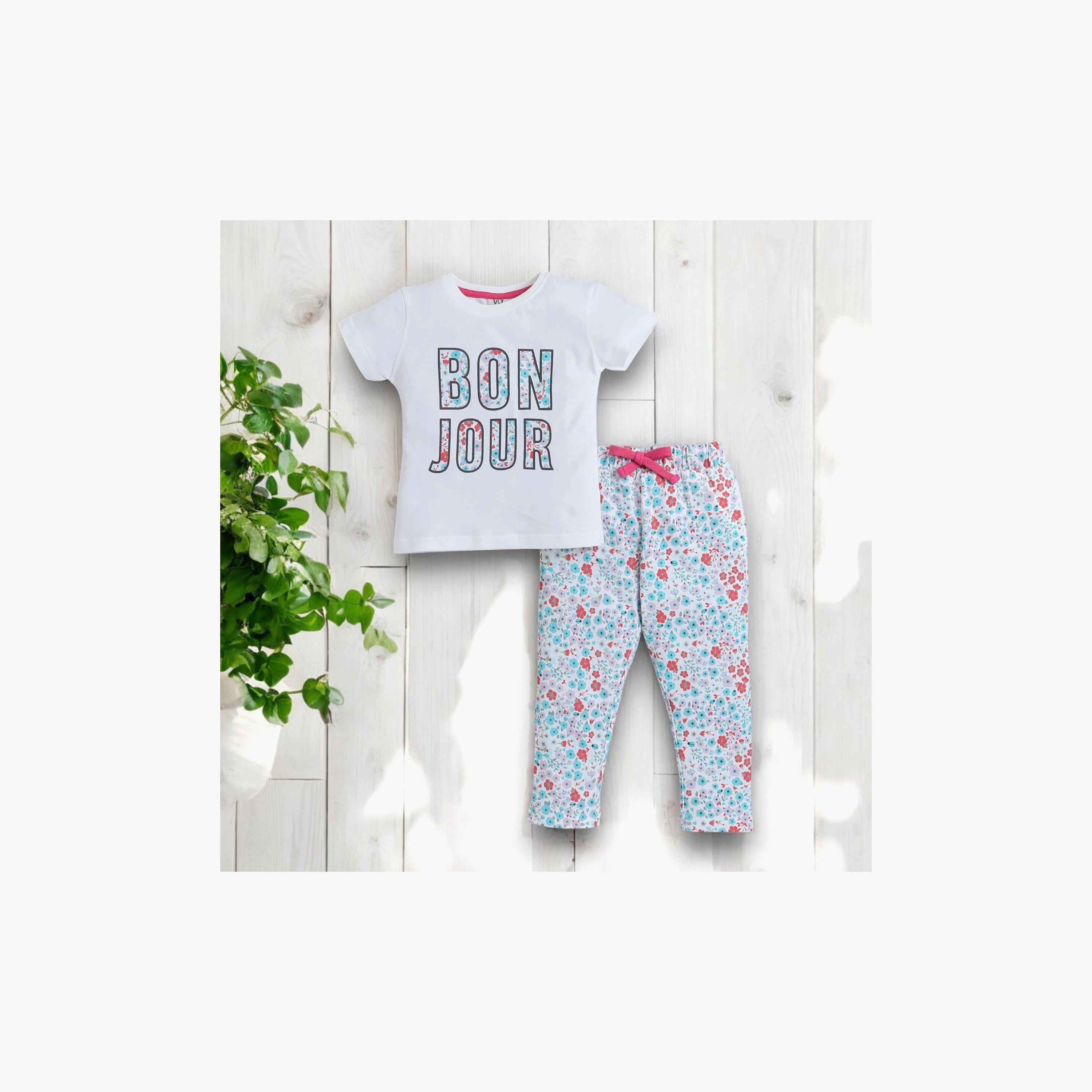 تي شيرت بأكمام قصيرة مطبوع عليه أزهار قطعتين مع بنطال رياضي من فيكتور اند جين-girls-clothing-nightwear-image-5