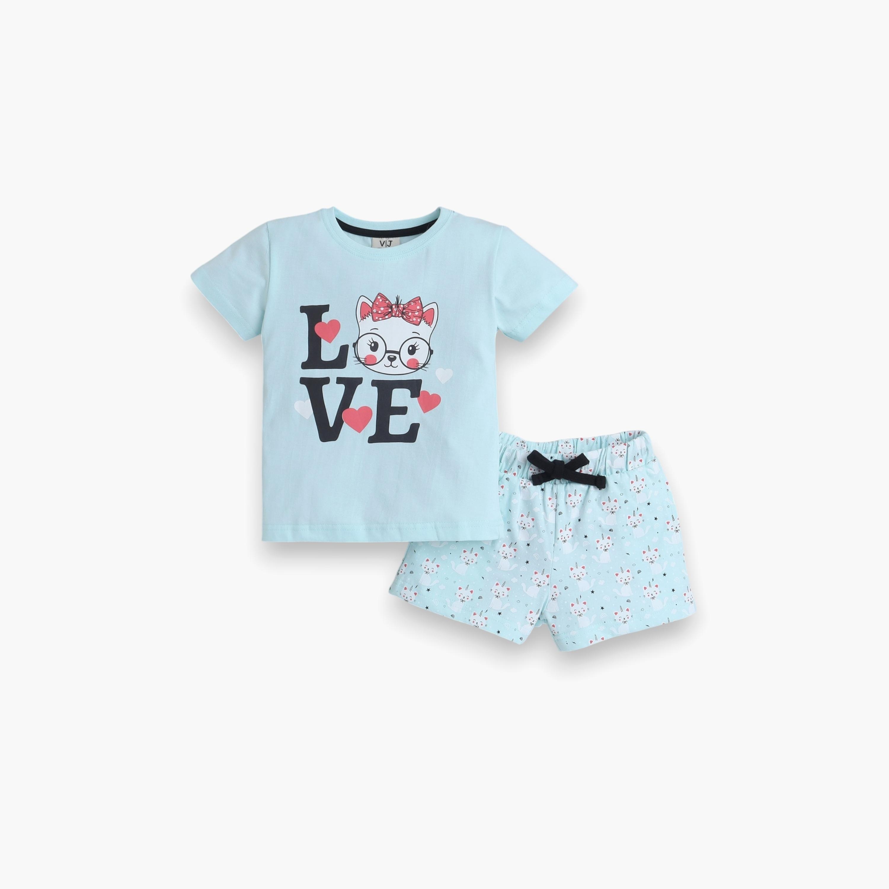 تي شيرت مطبوع بأكمام قصيرة مكون من قطعتين مع شورت من فيكتور اند جين-girls-clothing-nightwear-image-1