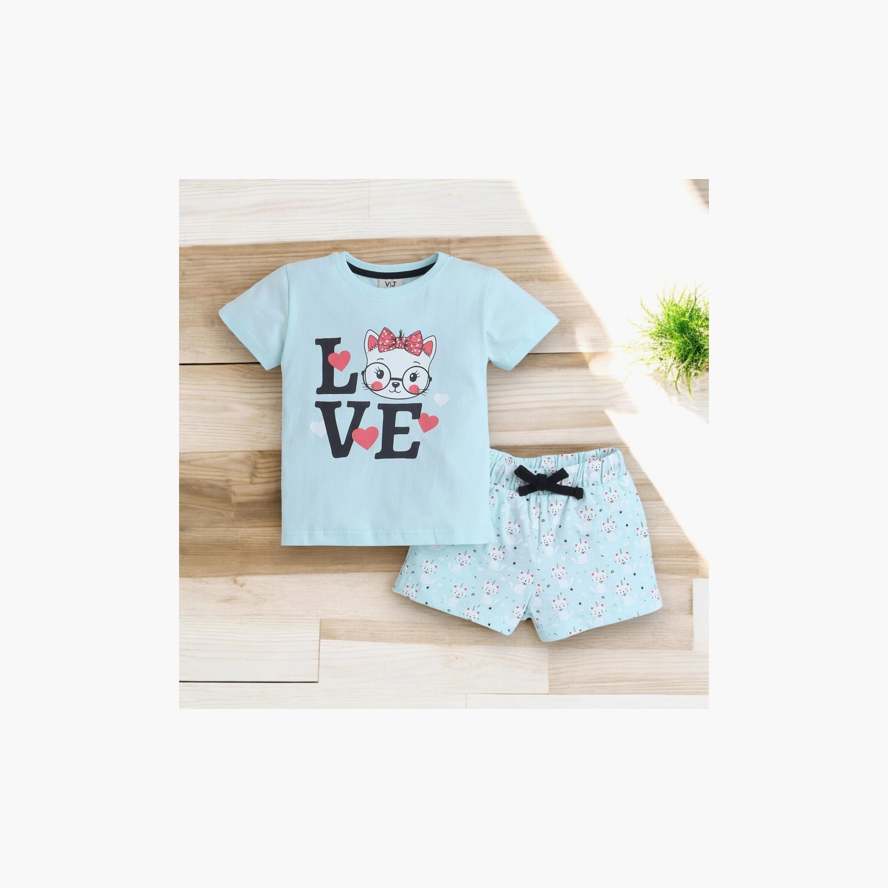 تي شيرت مطبوع بأكمام قصيرة مكون من قطعتين مع شورت من فيكتور اند جين-girls-clothing-nightwear-image-5