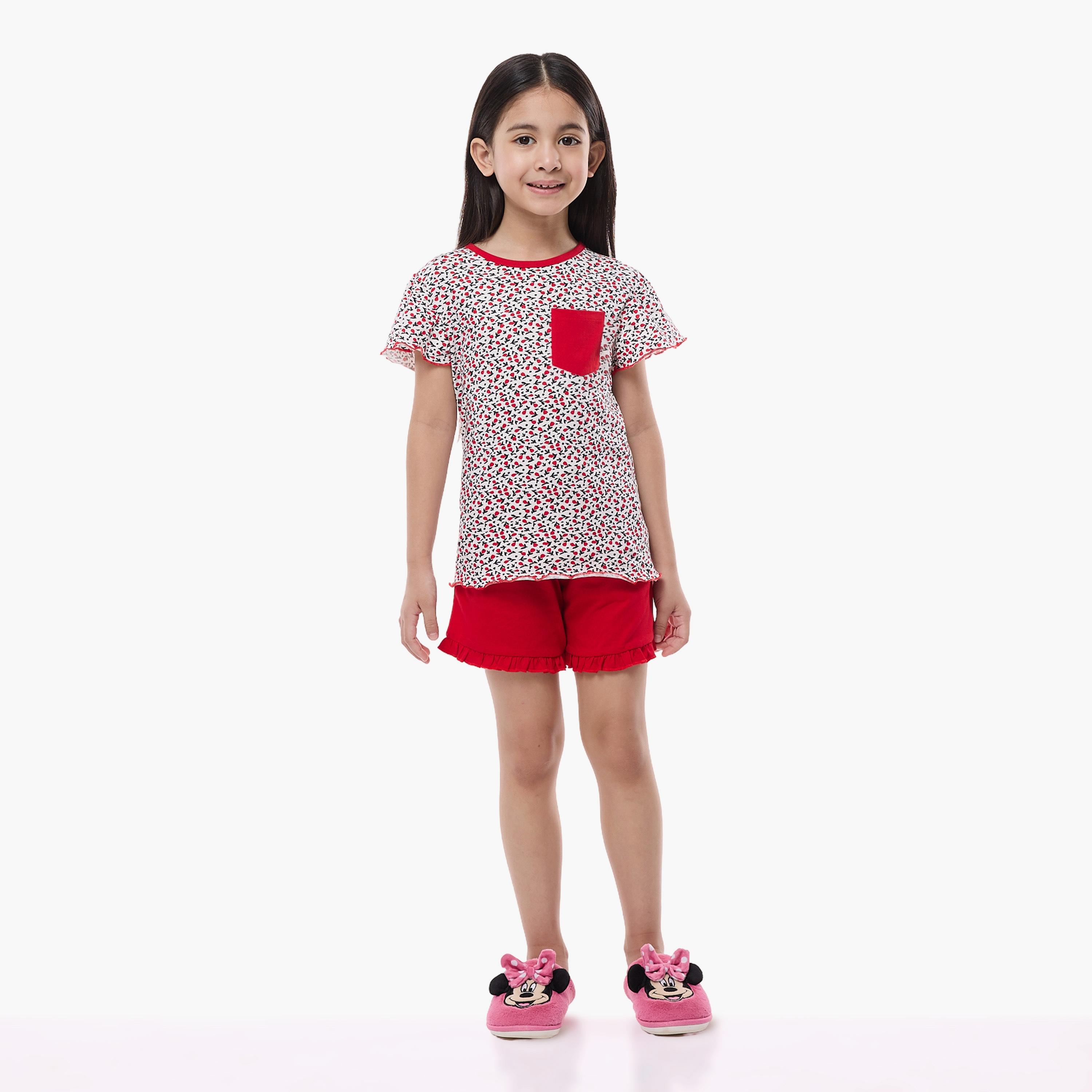 تي شيرت مطبوع بأكمام كاب مع شورت من قطعتين من فيكتور اند جين-girls-clothing-nightwear-image-1