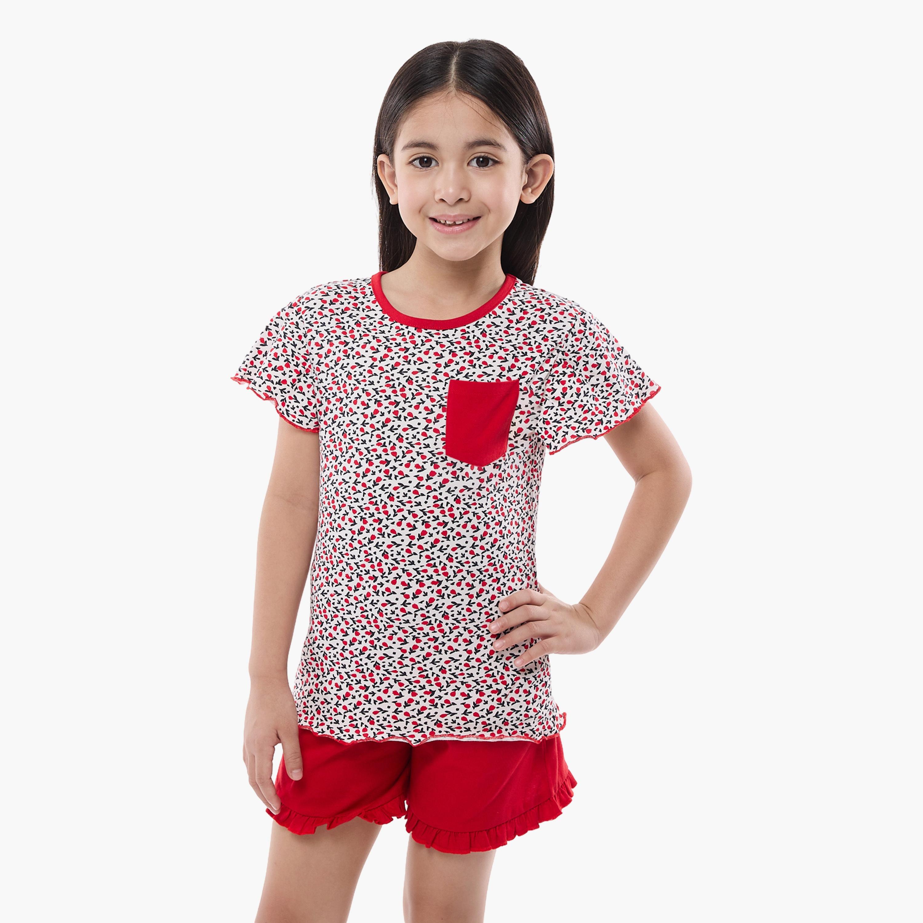 تي شيرت مطبوع بأكمام كاب مع شورت من قطعتين من فيكتور اند جين-girls-clothing-nightwear-image-2