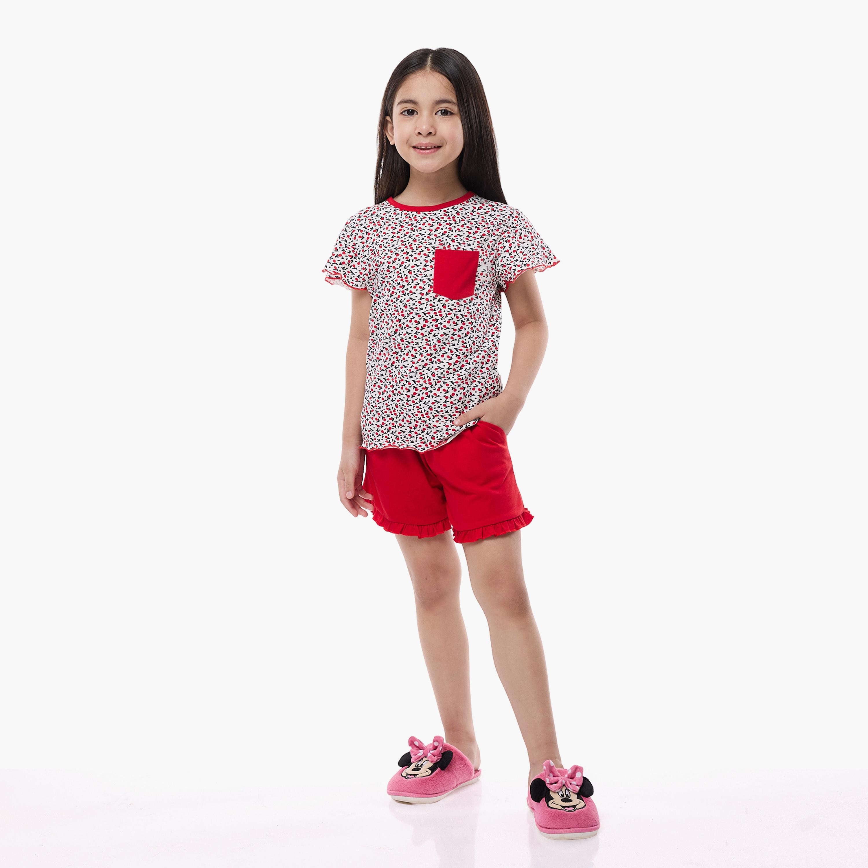 تي شيرت مطبوع بأكمام كاب مع شورت من قطعتين من فيكتور اند جين-girls-clothing-nightwear-image-3