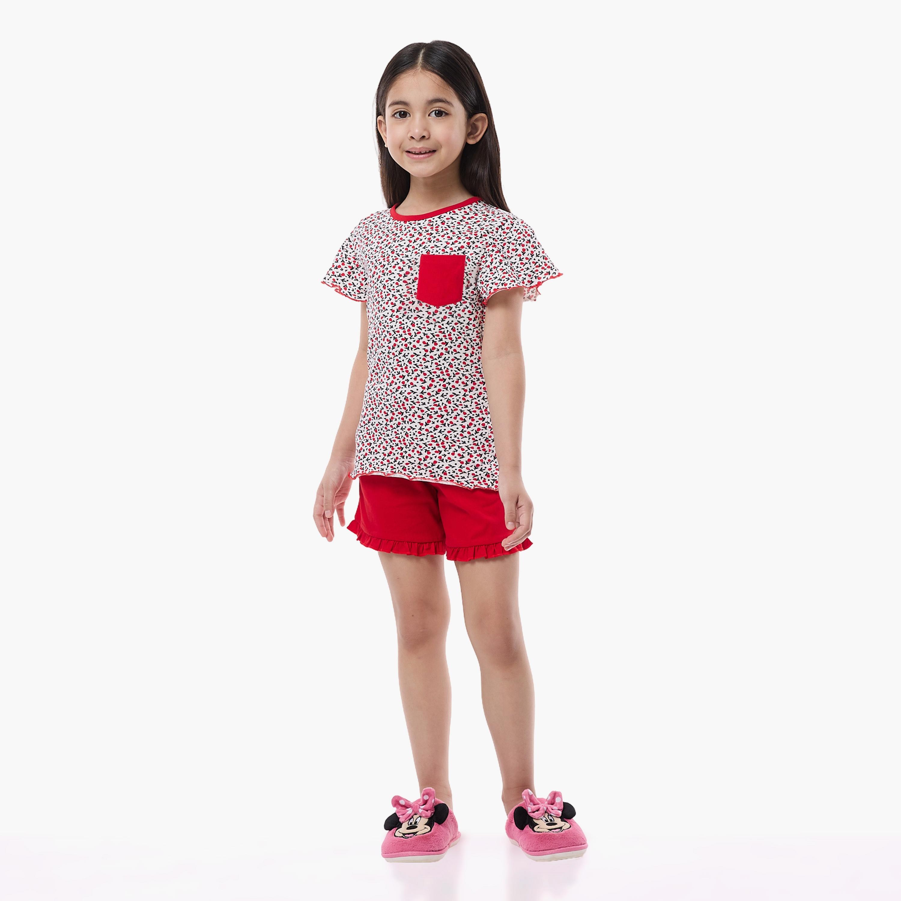 تي شيرت مطبوع بأكمام كاب مع شورت من قطعتين من فيكتور اند جين-girls-clothing-nightwear-image-4
