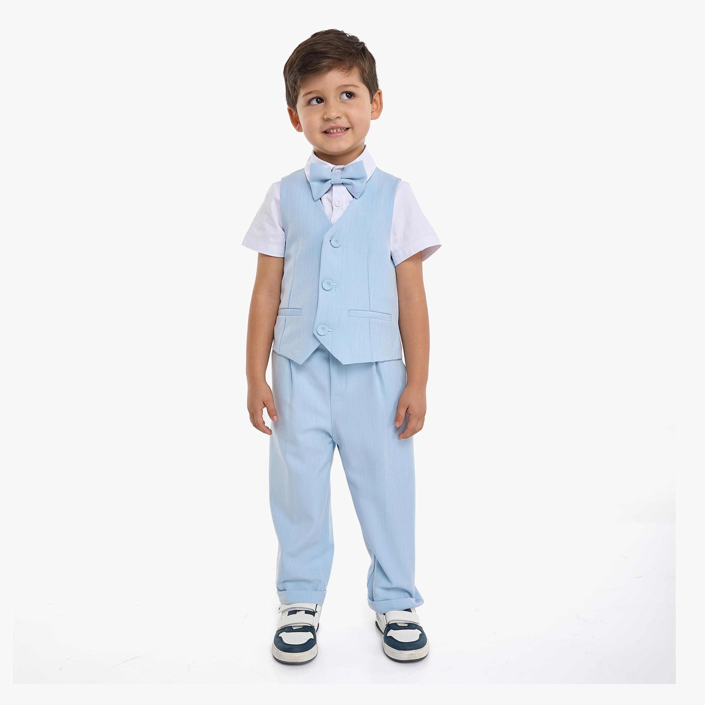 Victor and Jane 4-Piece Solid Short Sleeves Shirt, Pants, Waistcoat with Tie-boys-clothing-setsandcoords-image-2