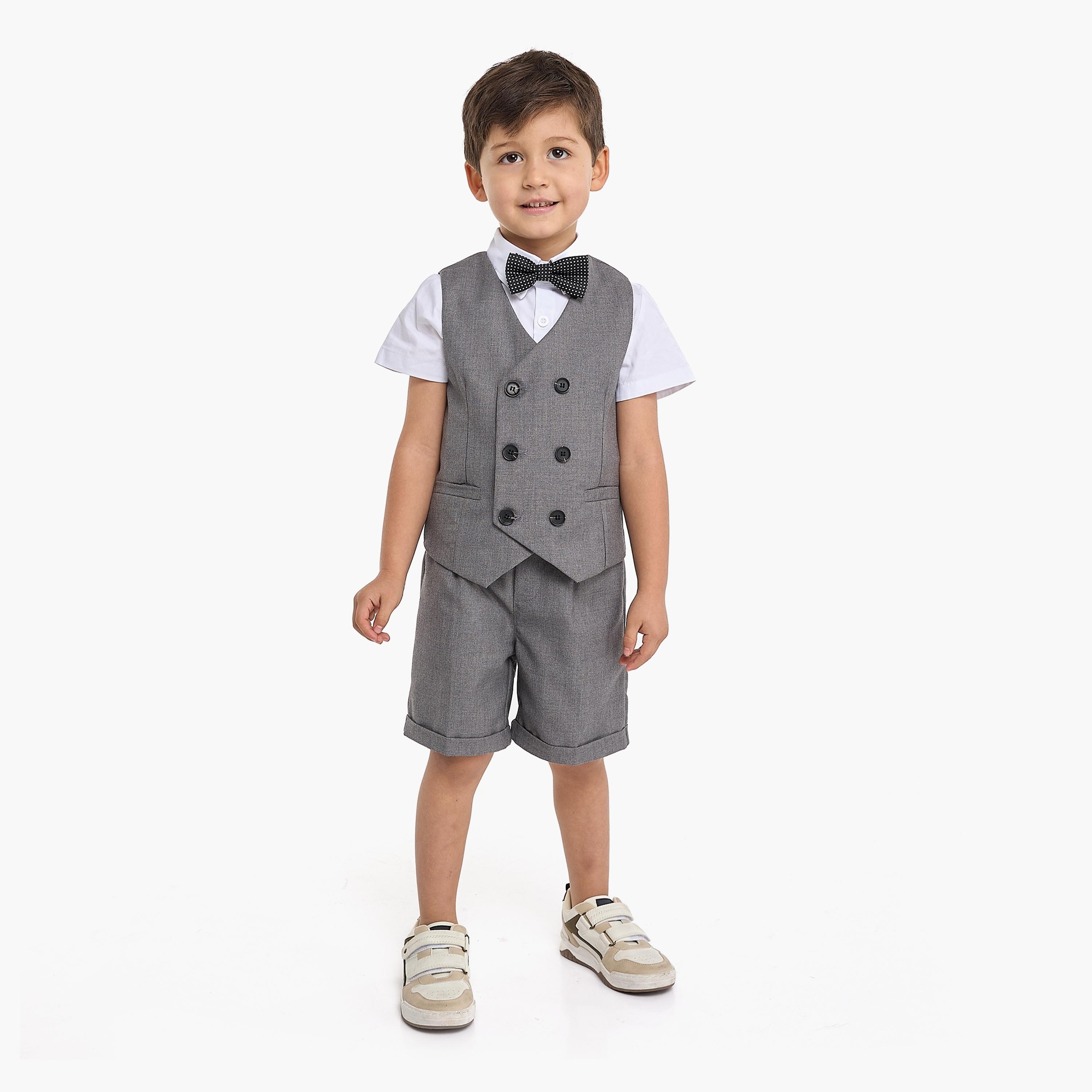 Victor and Jane 4-Piece Solid Short Sleeves Shirt, Shorts, Waistcoat with Tie-boys-clothing-setsandcoords-image-1