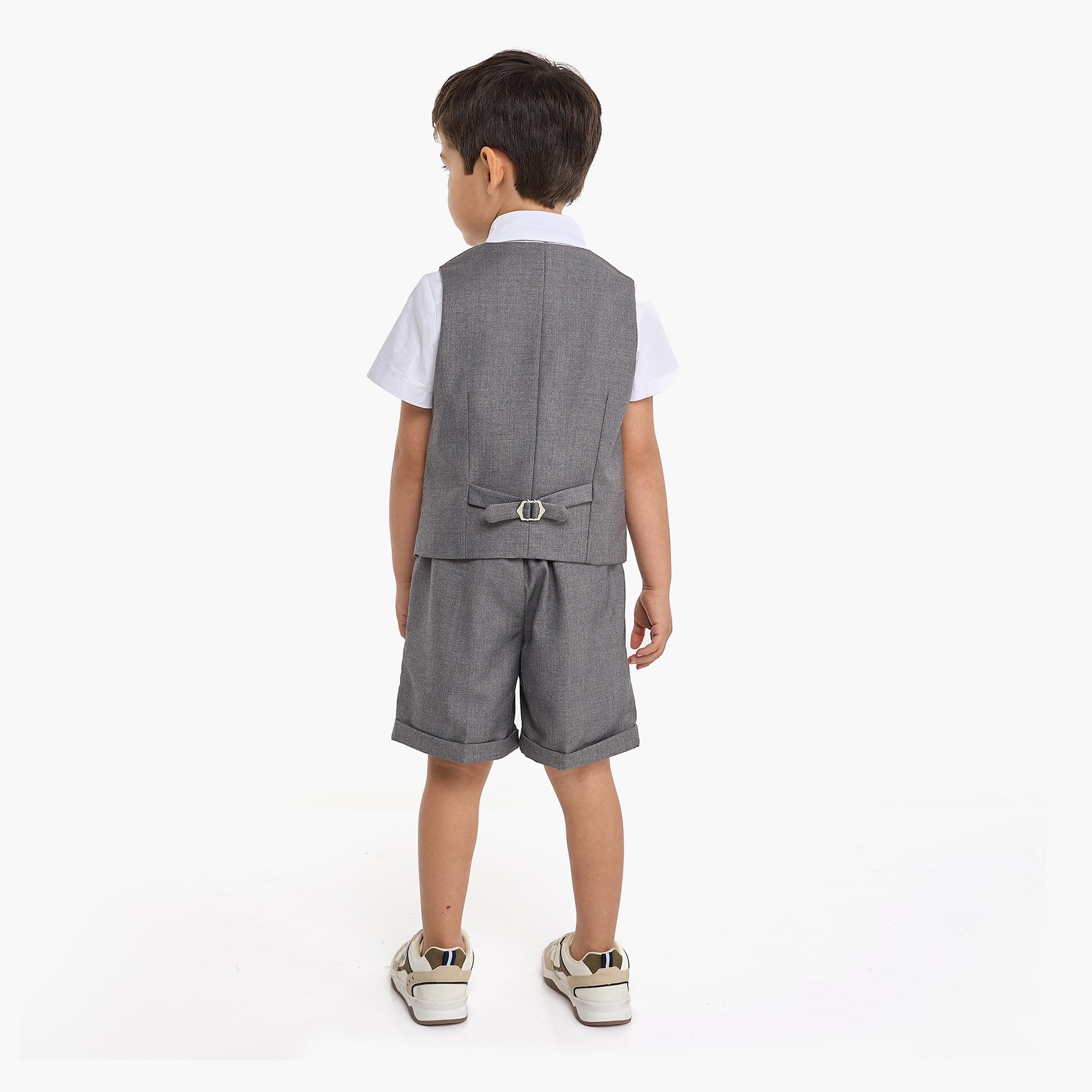 Victor and Jane 4-Piece Solid Short Sleeves Shirt, Shorts, Waistcoat with Tie-boys-clothing-setsandcoords-image-4