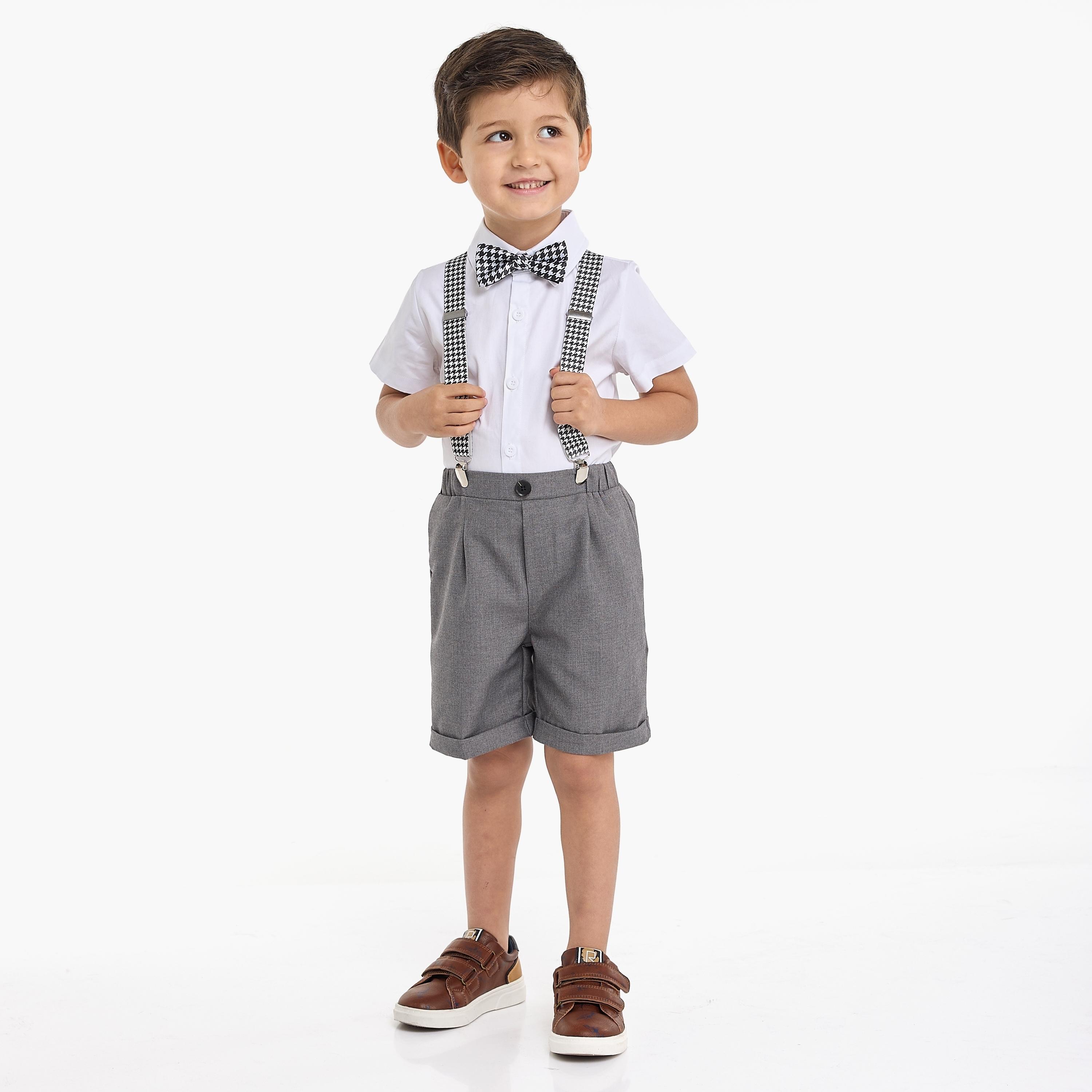 Victor and Jane 4-Piece Solid Short Sleeves Shirt, Shorts, Suspender with Tie-baby-boys-clothing-setsandcoords-image-2