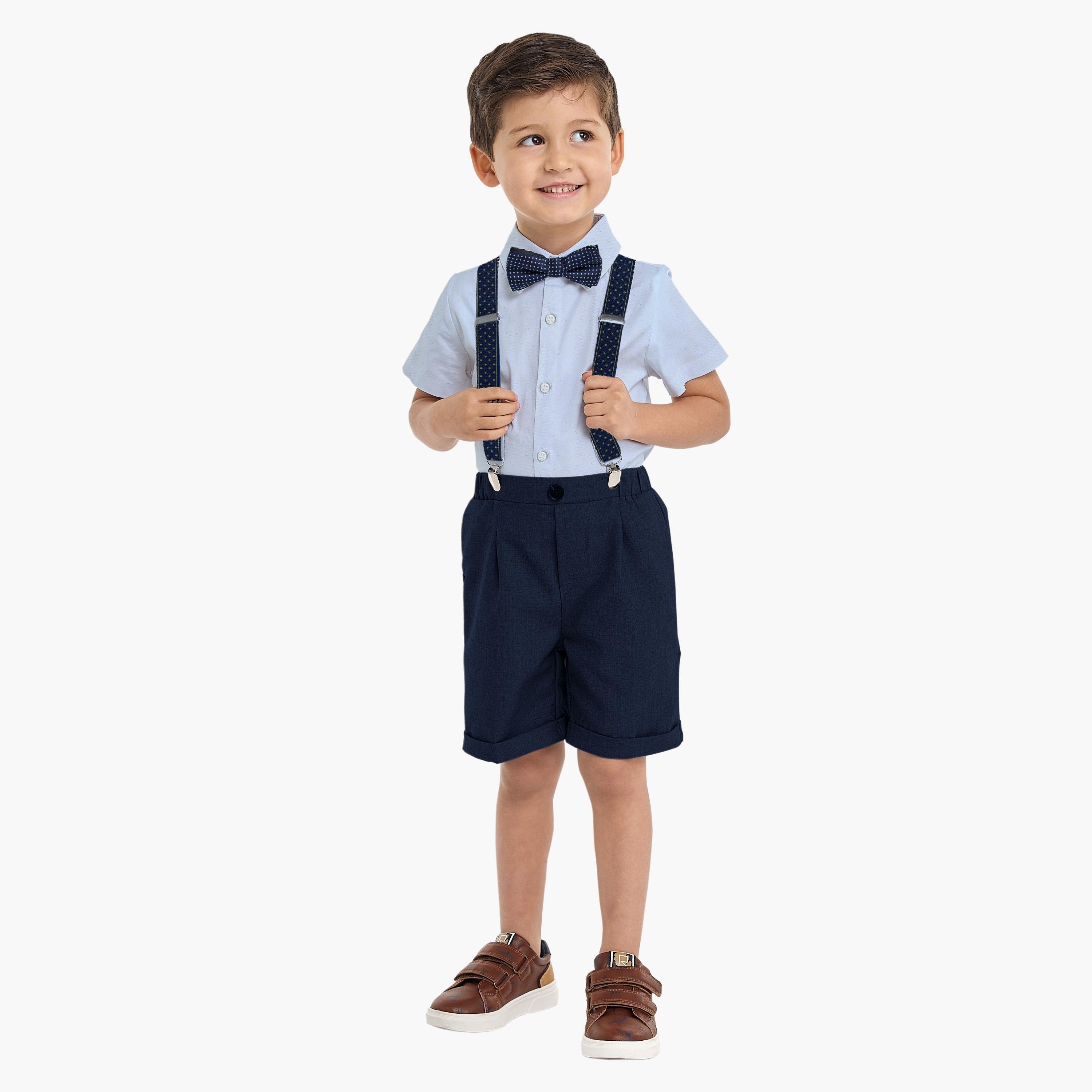 قميص سادة بأكمام قصيرة 4 قطع وشورت وحمالة مع ربطة عنق من فيكتور اند جين-boys-clothing-setsandcoords-image-1