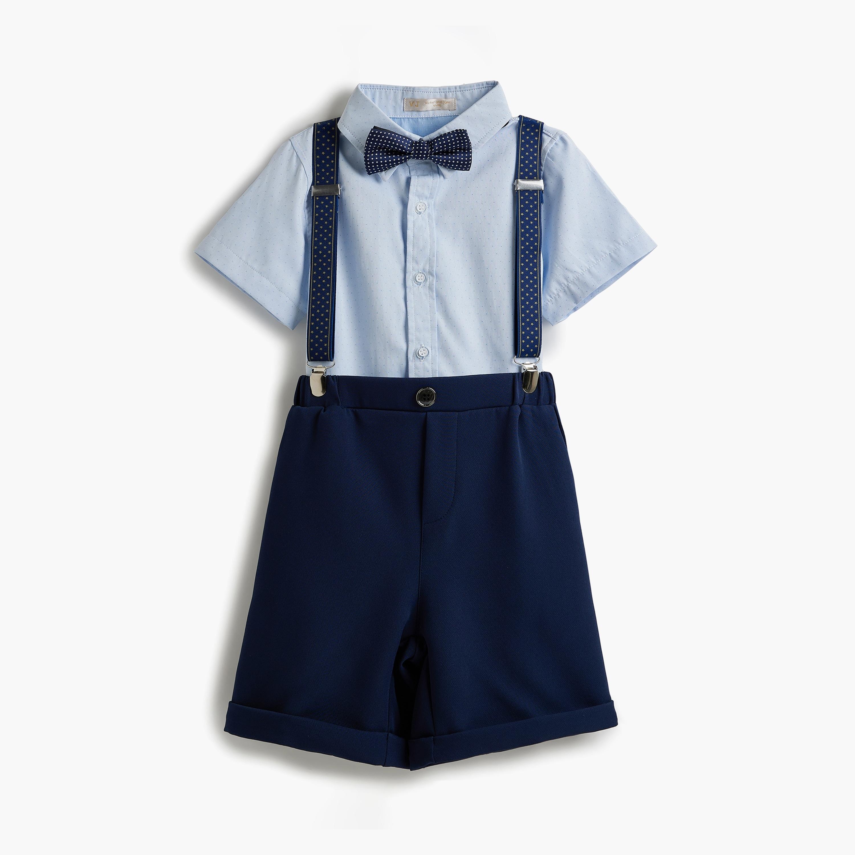 قميص سادة بأكمام قصيرة 4 قطع وشورت وحمالة مع ربطة عنق من فيكتور اند جين-boys-clothing-setsandcoords-image-4