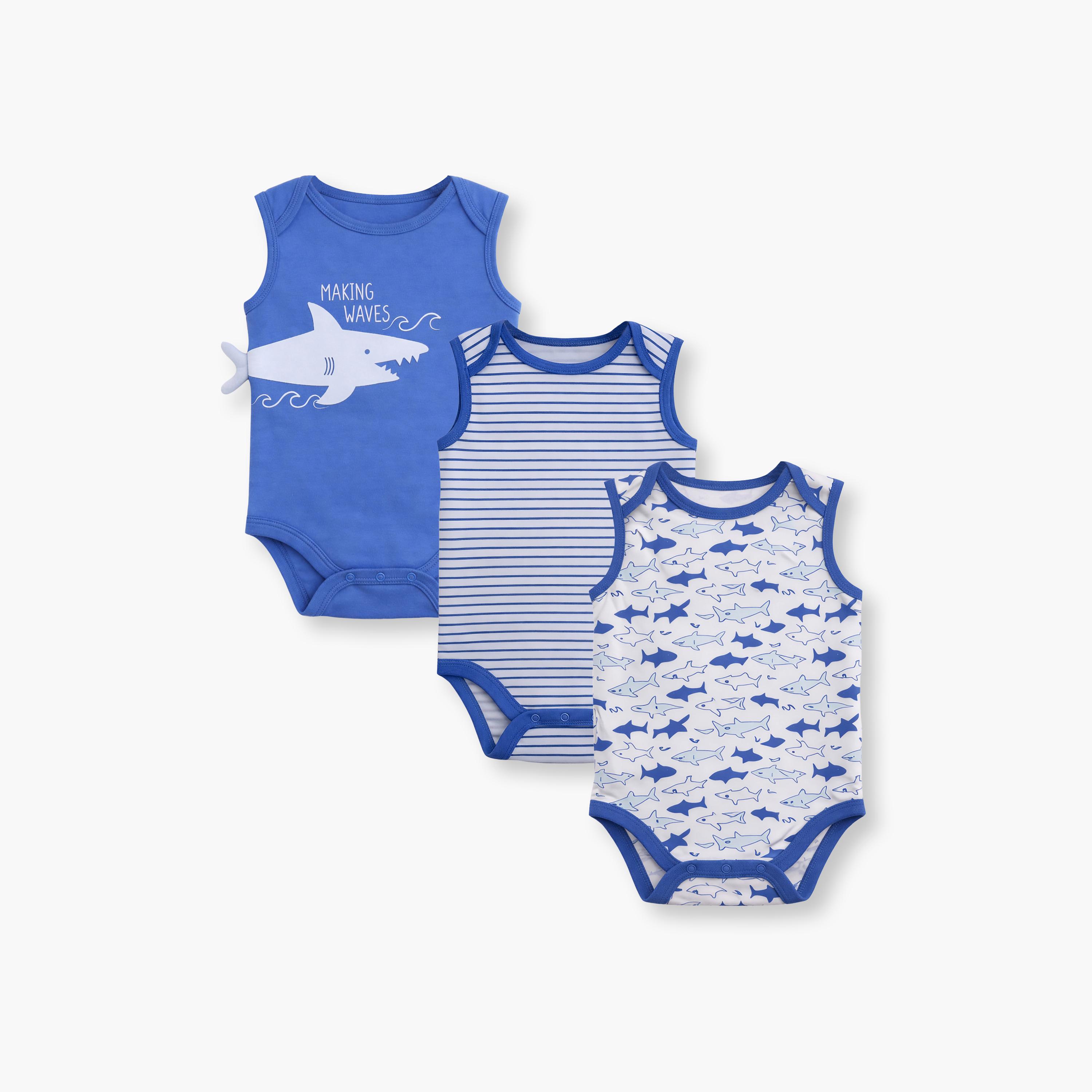 Victor and Jane 3-Piece Sleeveless Shark Printed Bodysuit-baby-boys-clothing-bodysuits-image-1