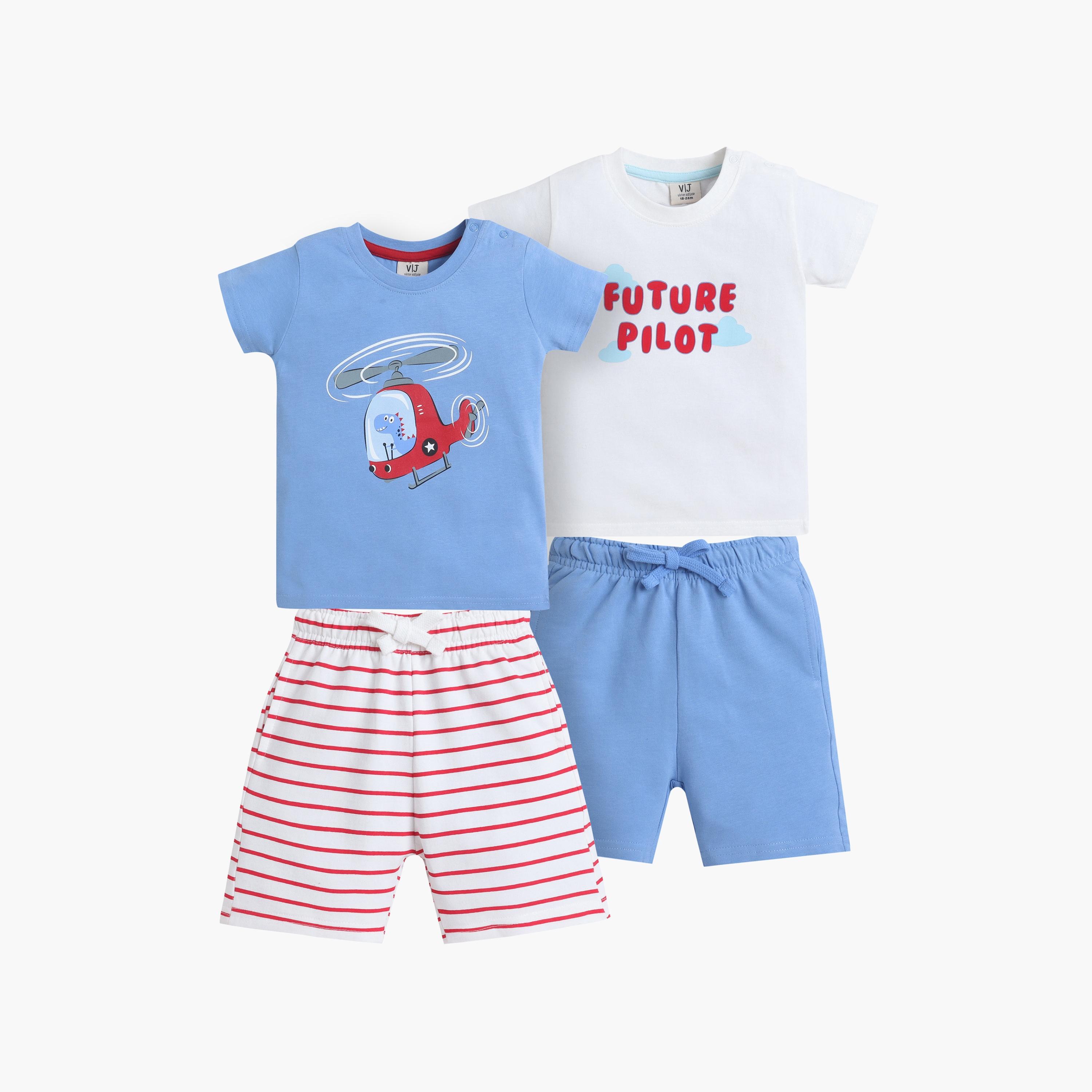 طقم مكون من 4 قطع: تي شيرتات بأكمام قصيرة ورسومات، وبنطلون مع شورت من فيكتور آند جين-boys-clothing-setsandcoords-image-1