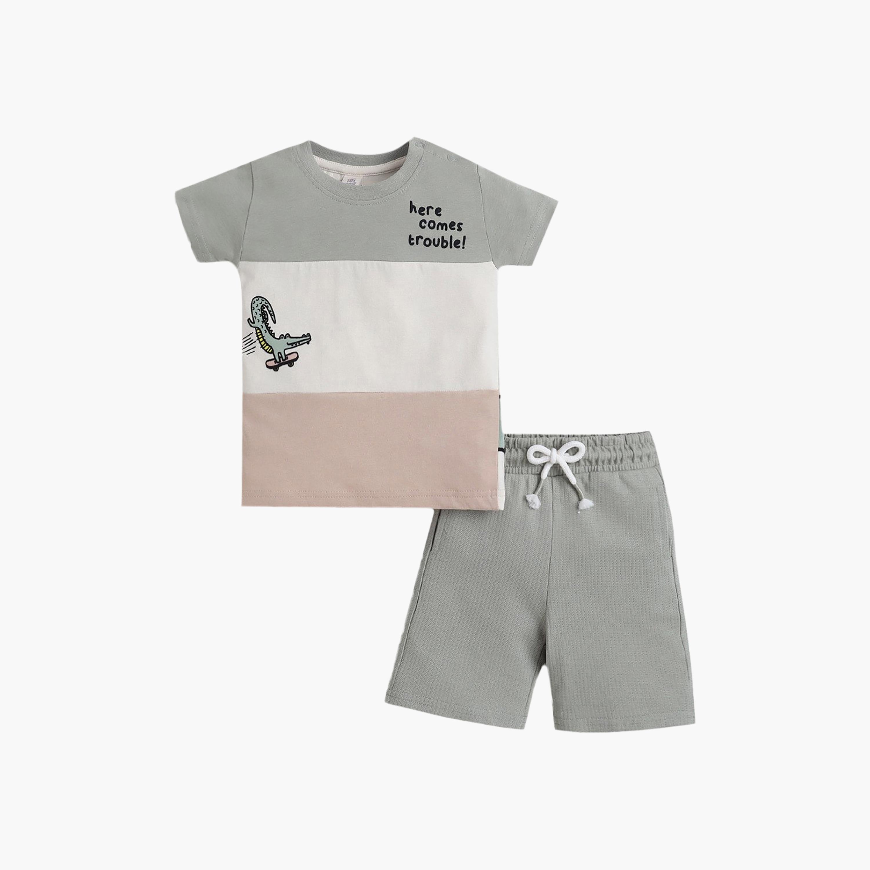 Victor and Jane Crocodile Print Colour-Block T-Shirt & Drawstring Shorts Set-boys-clothing-setsandcoords-image-1