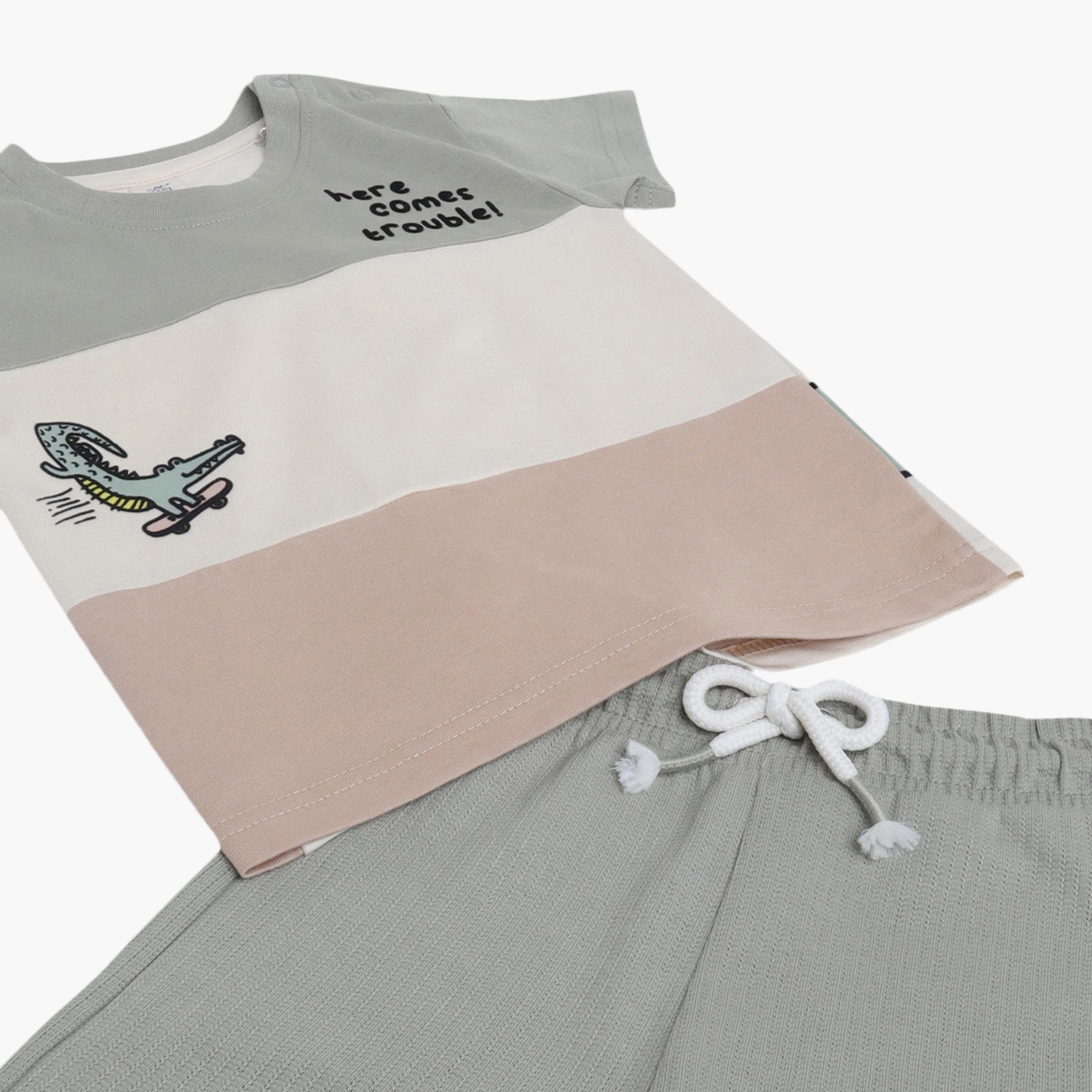 Victor and Jane Crocodile Print Colour-Block T-Shirt & Drawstring Shorts Set-boys-clothing-setsandcoords-image-6