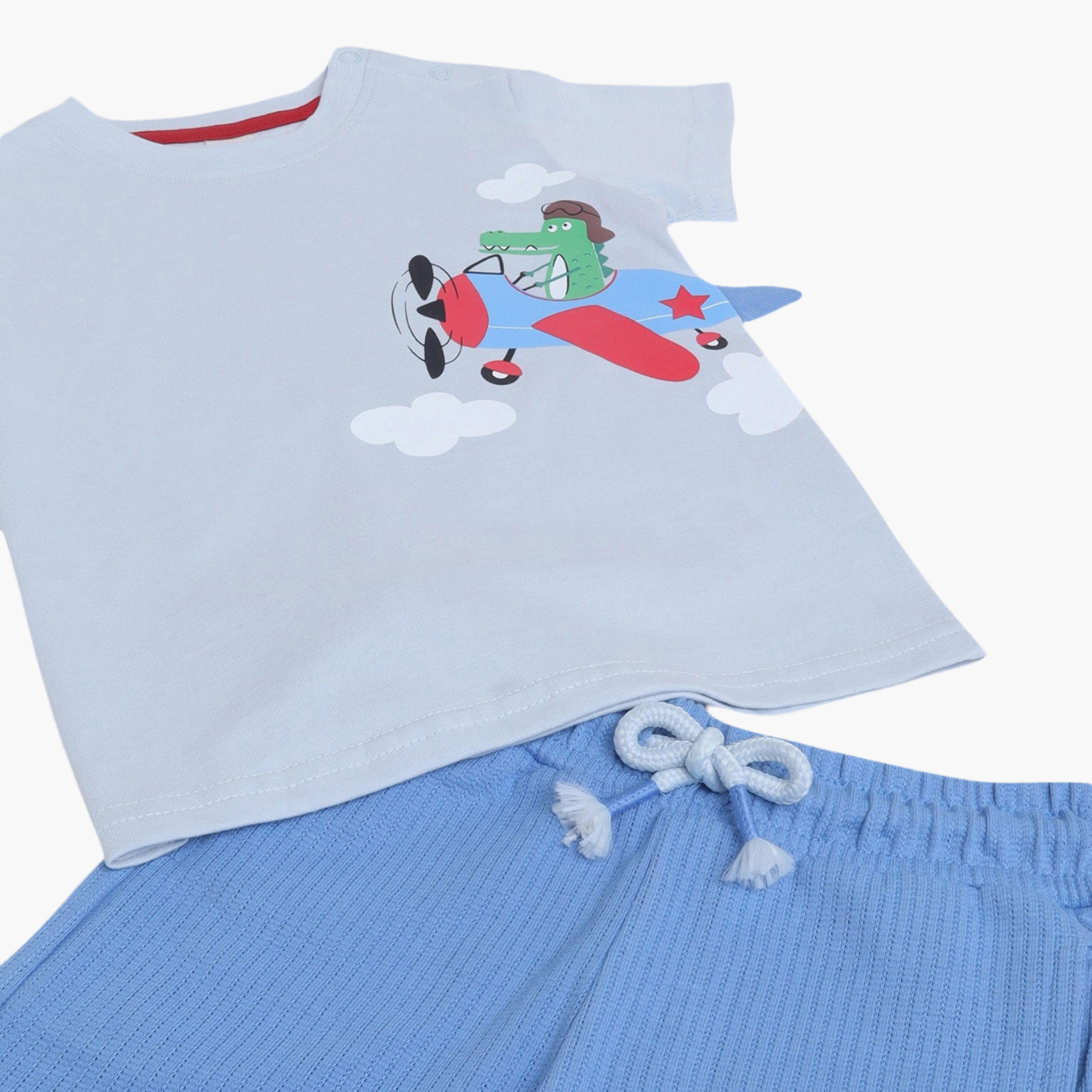 طقم تي شيرت برسومات طائرة وشورت برباط خصر من فيكتور آند جين-boys-clothing-setsandcoords-image-4
