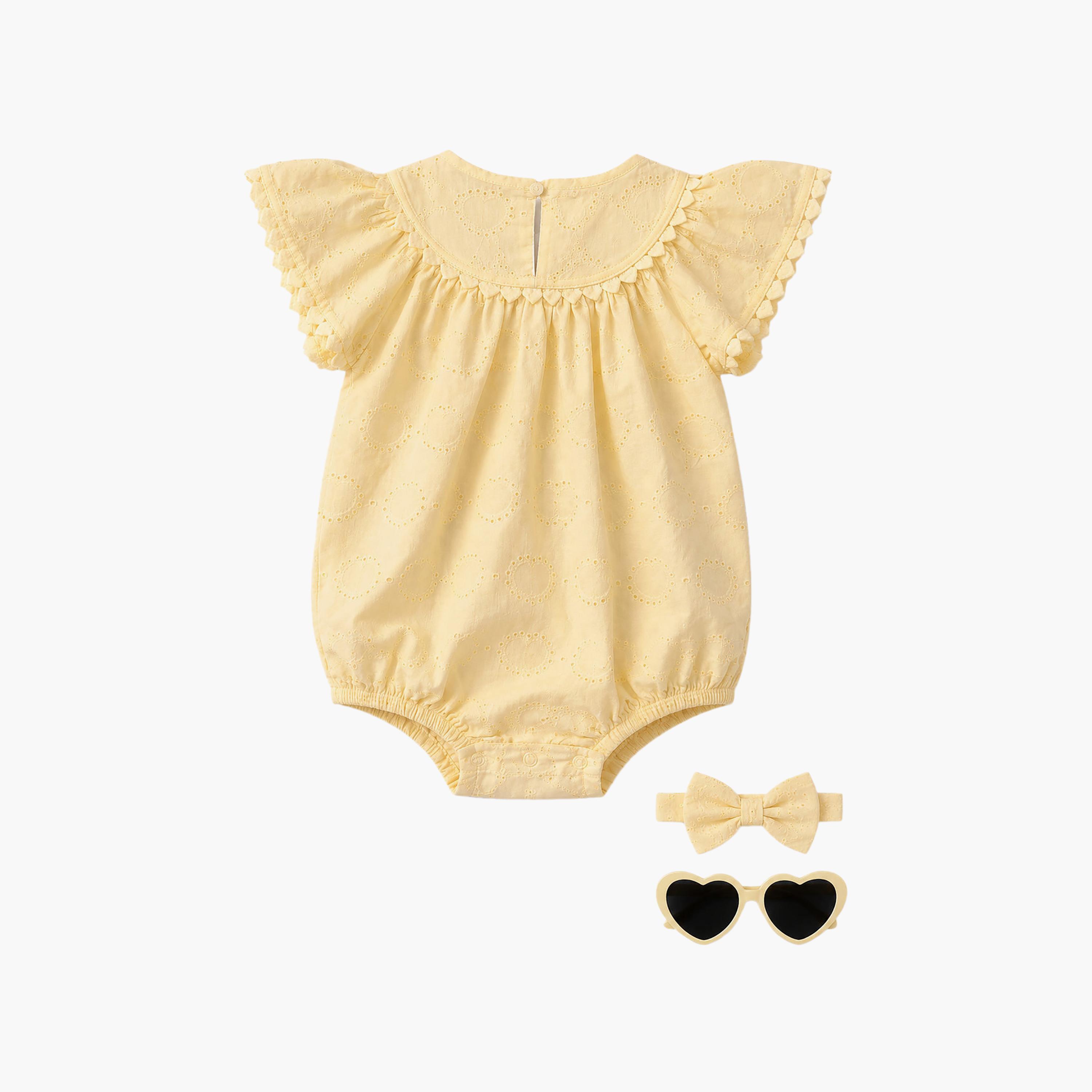 طقم رومبير قطن بتطريز مفرغ شكل قلوب مع عصبة رأس ونظارة شمسية من فيكتور آند جين-baby-girls-clothing-rompers-image-4