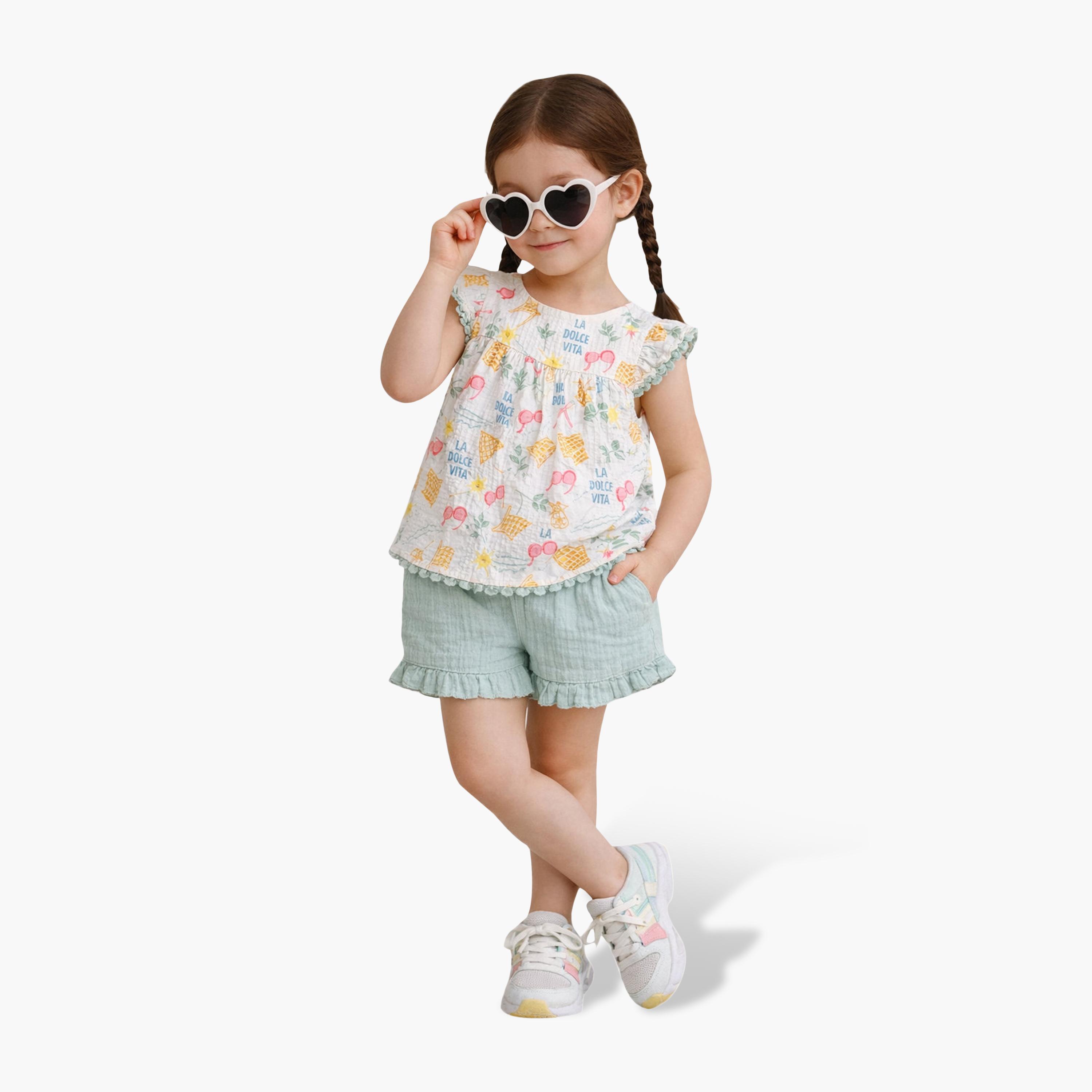 طقم بلوزة بأكمام رفرفة مطبوع وشورت بكشكشة من فيكتور آند جين-baby-girls-clothing-setsandcoords-image-1